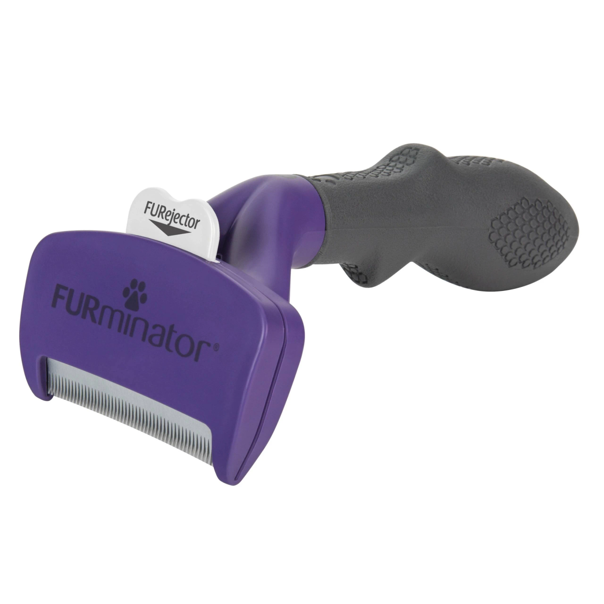 Spazzola viola Furminator per animali con manico grigio e pulsante FURejector bianco.