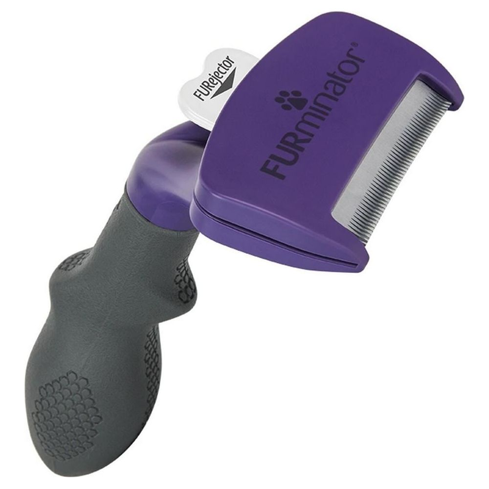 Spazzola viola Furminator per animali con manico grigio e pulsante FUREjector.