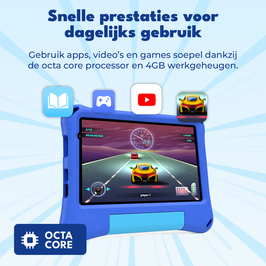 Tablet with racing game, book, game, YouTube icons & Octa Core logo.
