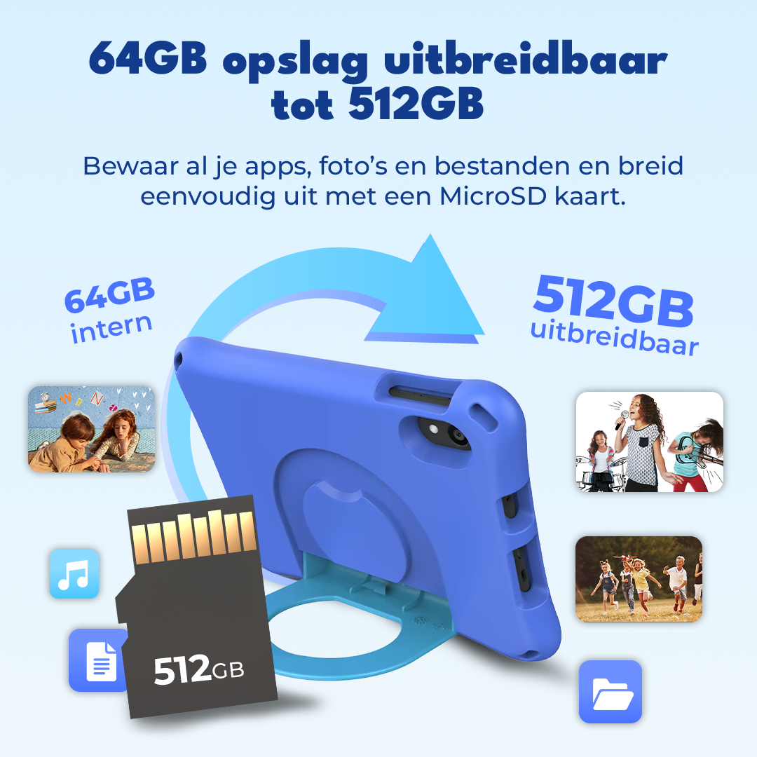 A blue tablet stand with a 512GB microSD card and icons.