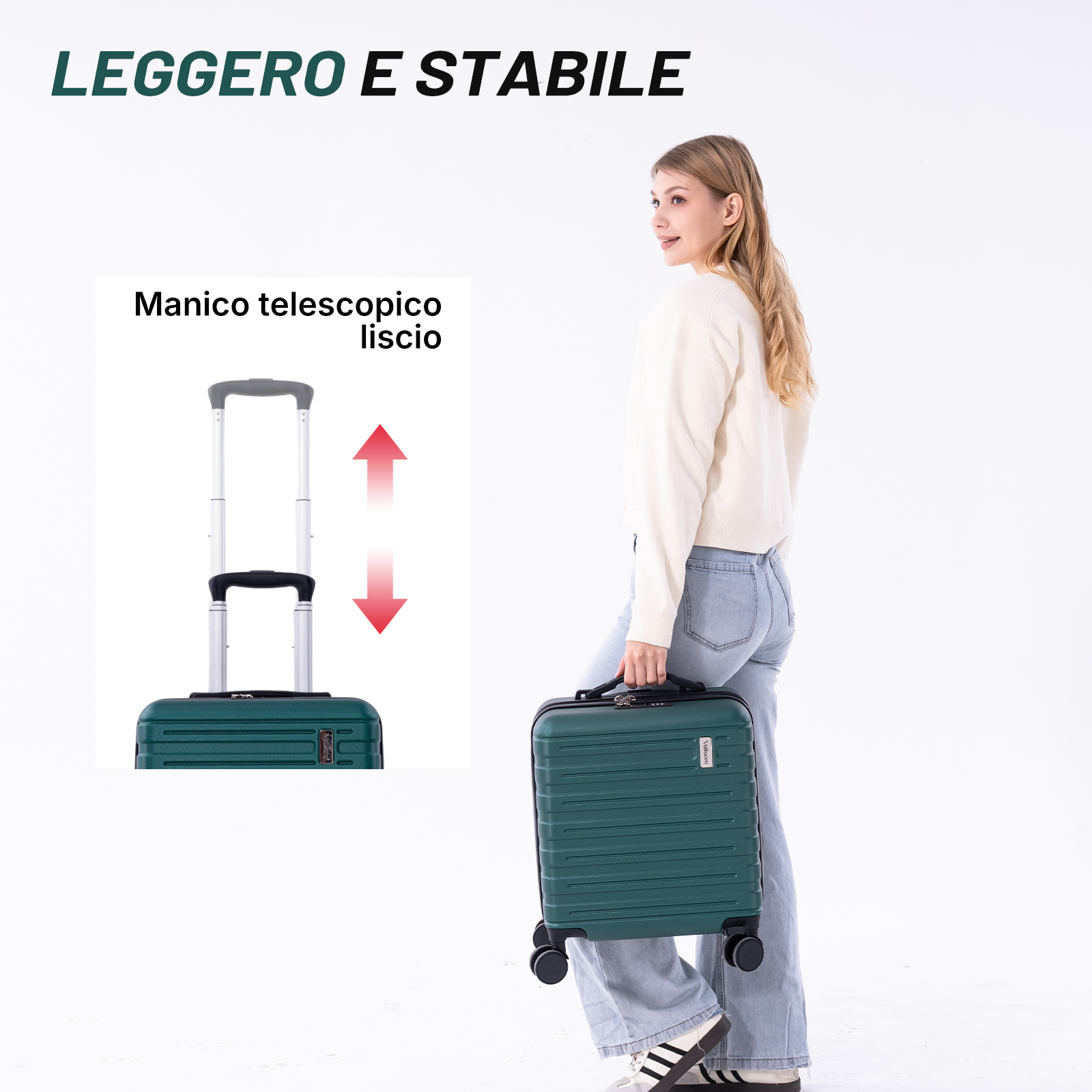 Una donna tiene una valigia verde; primo piano del manico telescopico