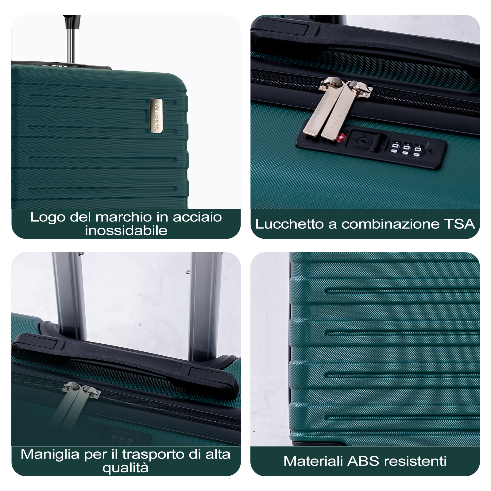 Valigia verde scuro con lucchetto TSA, logo in acciaio, maniglia e ABS.