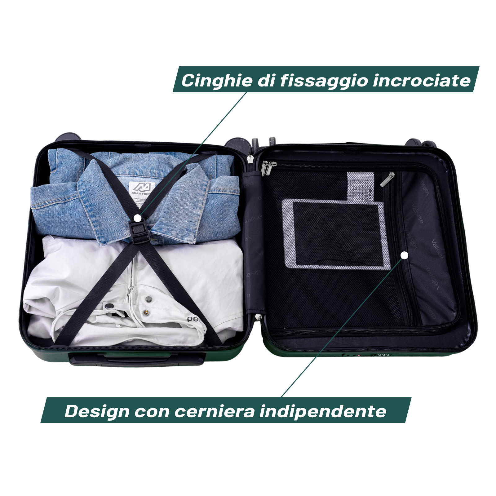 Valigia verde aperta con vestiti, tablet e cinghie incrociate.