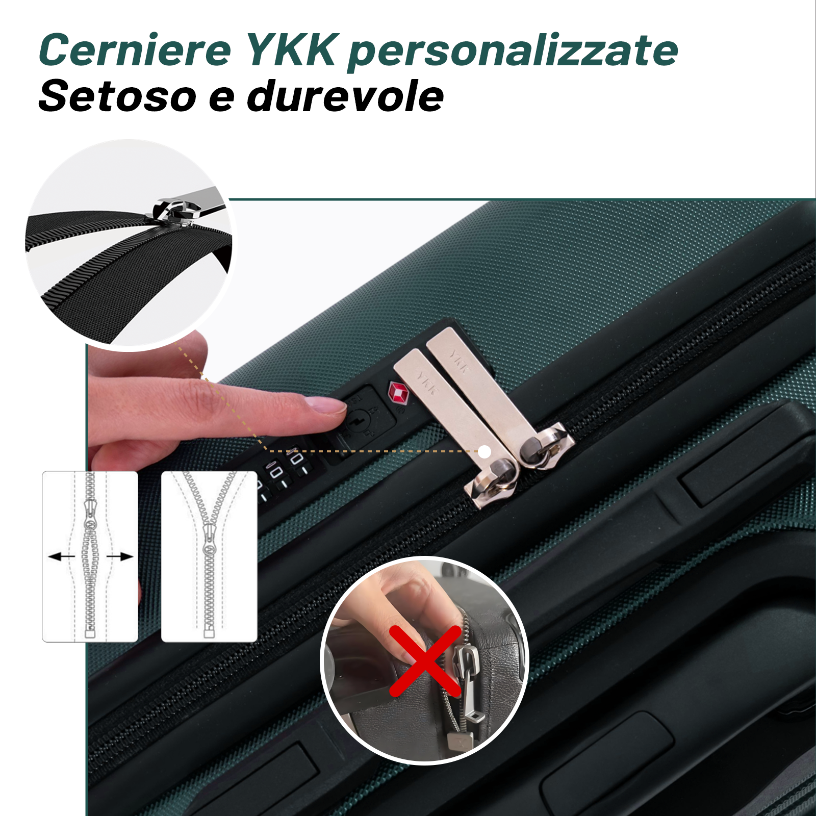 Primo piano di una valigia verde con cerniera YKK e lucchetto TSA.