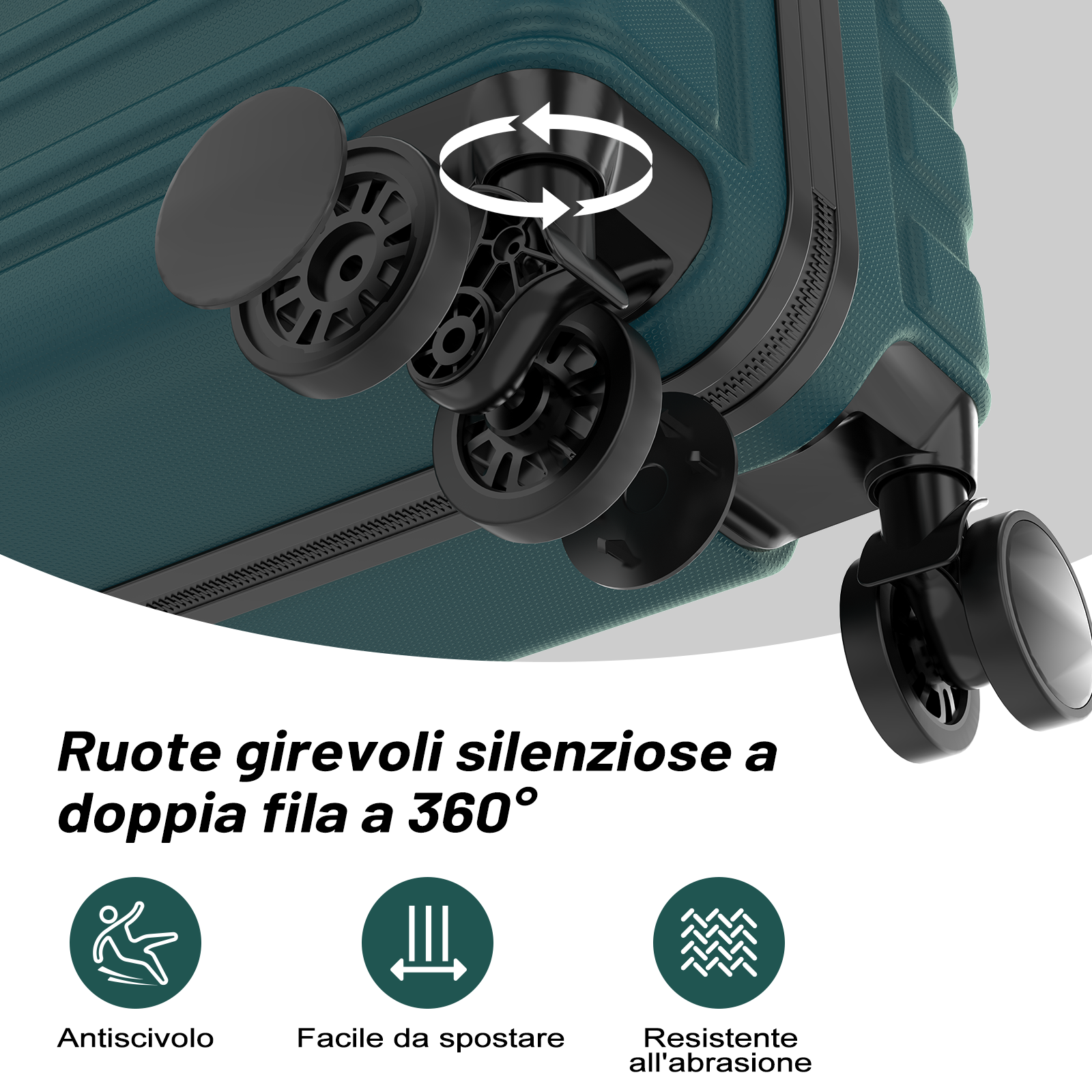 Una valigia verde acqua con ruote girevoli a 360° e cerniera.