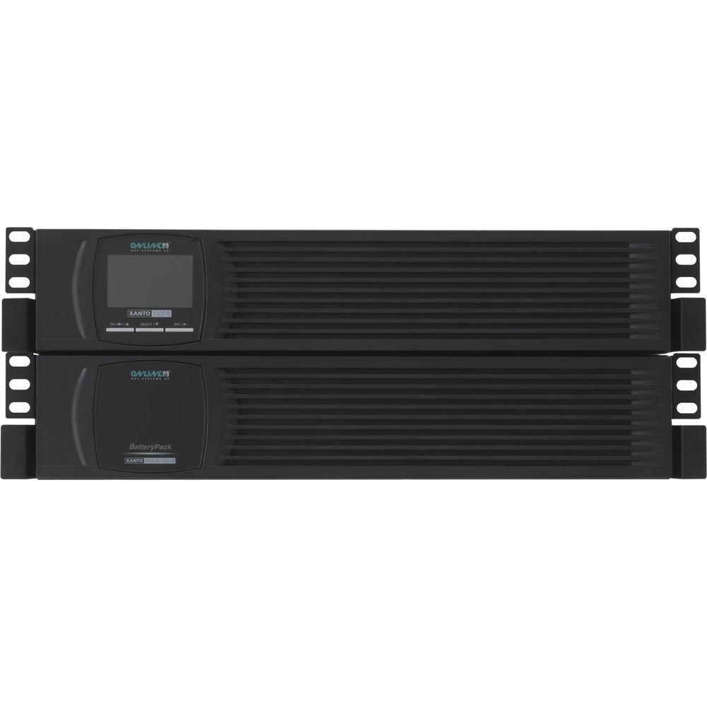 Zwei schwarze Rackmount-USV-Geräte übereinander. Oben mit Bildschirm, unten mit 'BatteryPack'.