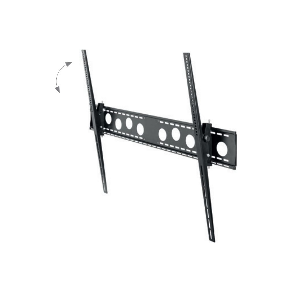 Schwarze TV-Wandhalterung mit verstellbaren Armen und Lochmuster.