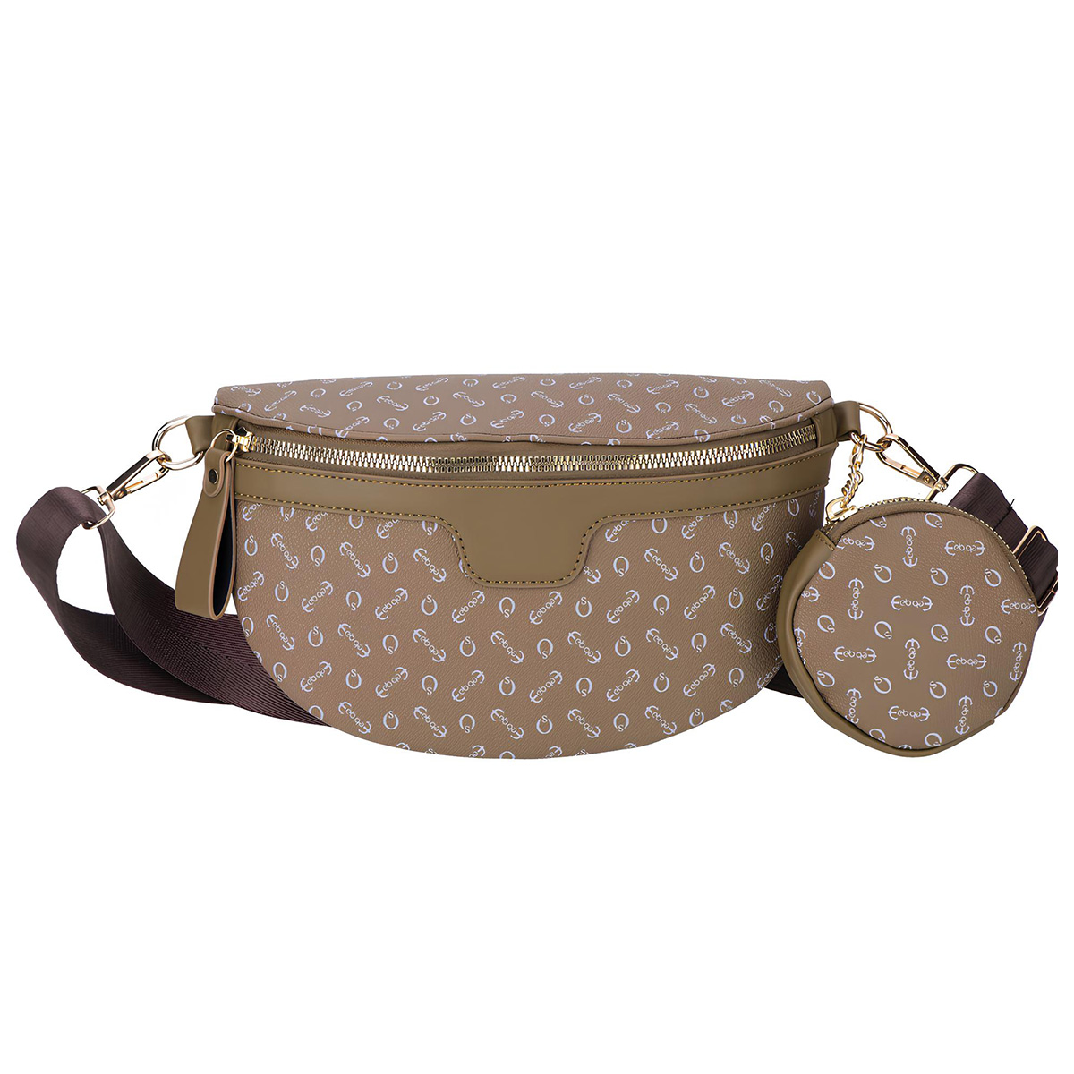 Una borsa a vita marrone con fantasia bianca e pochette rotonda staccabile.
