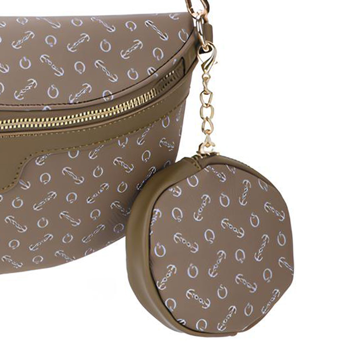 Borsa marrone con motivo ripetuto di ancore e cerchi, e una piccola pochette.