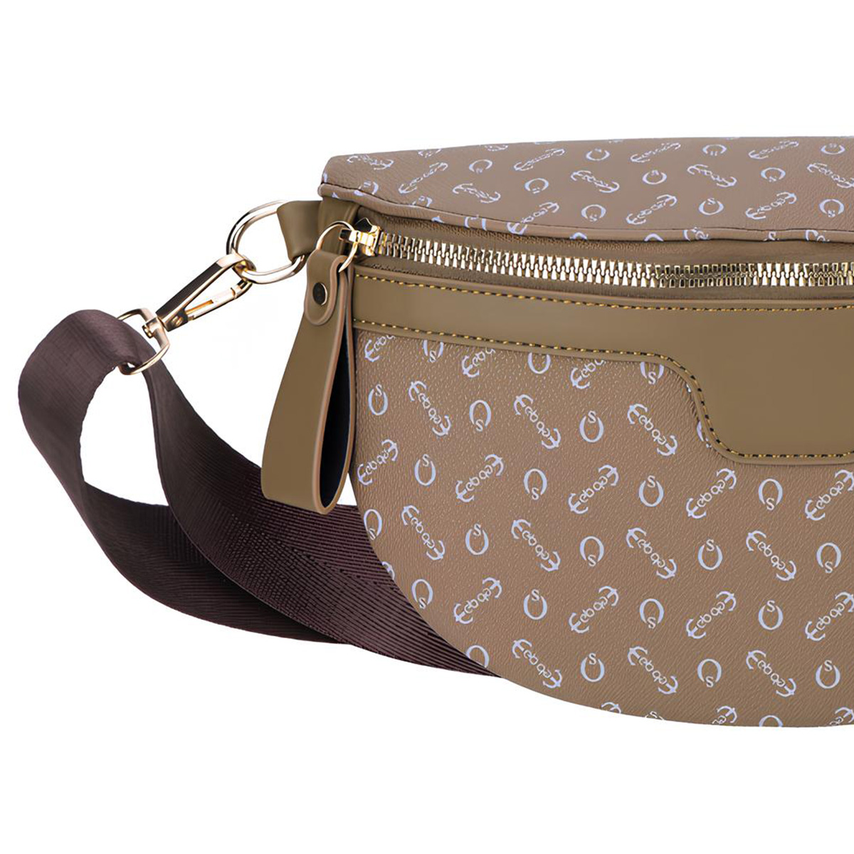 Una borsa marrone con motivo bianco, cerniera dorata e tracolla marrone.
