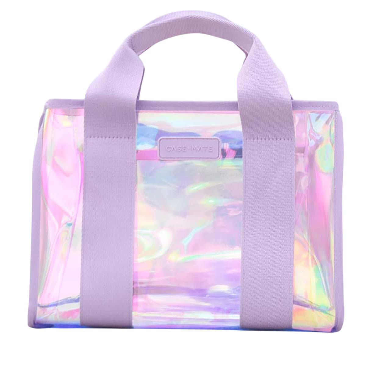 Una borsa trasparente con cinghie e manici viola su sfondo bianco.