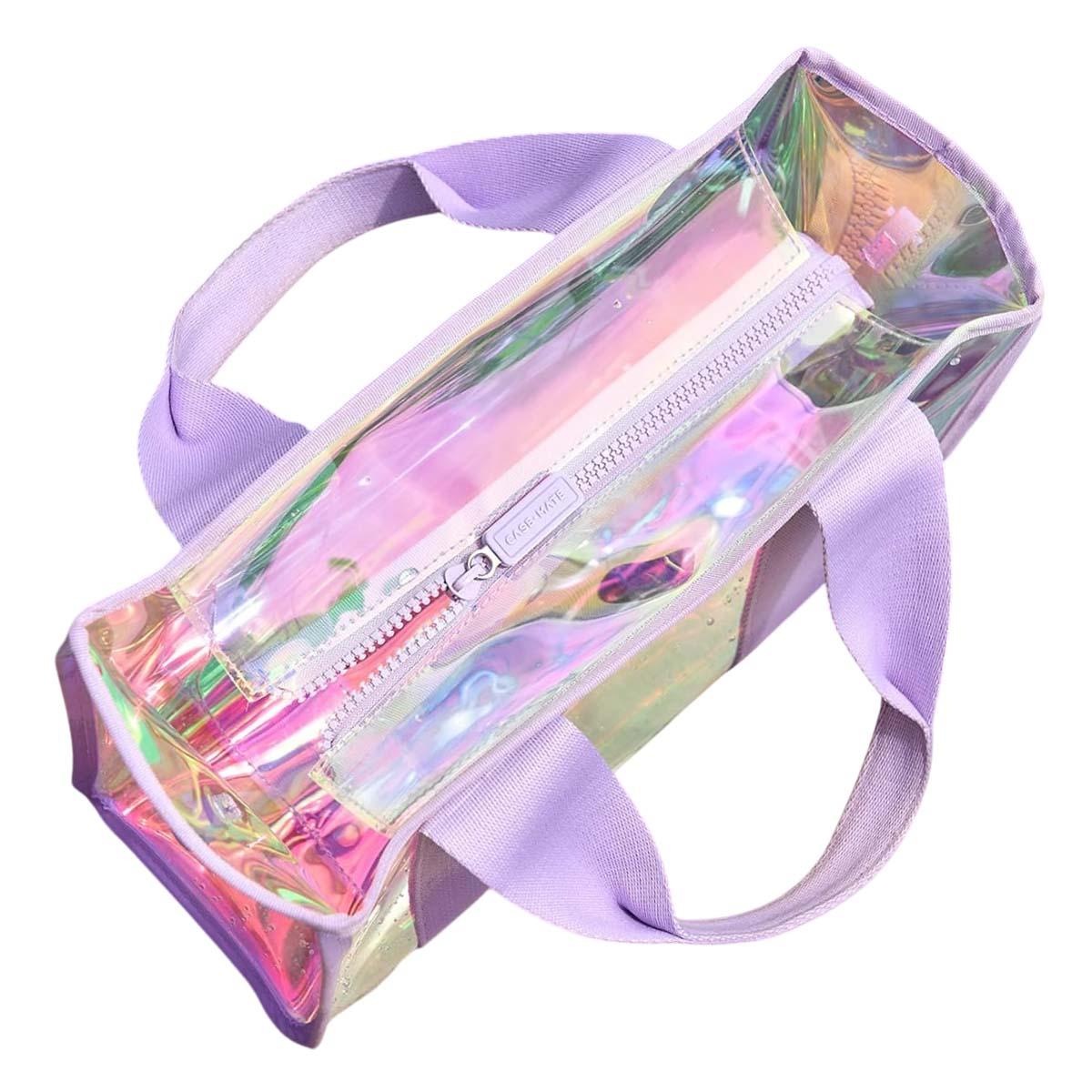 Una borsa trasparente e olografica con manici e cerniera viola.