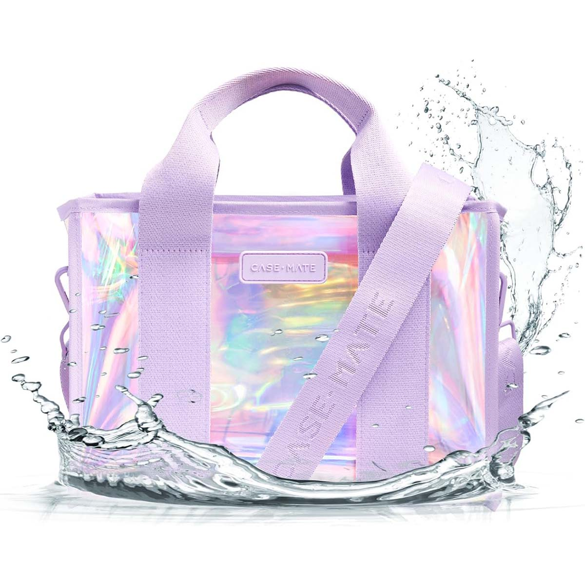 Una borsa viola olografica con manici e tracolla, con schizzi d'acqua.