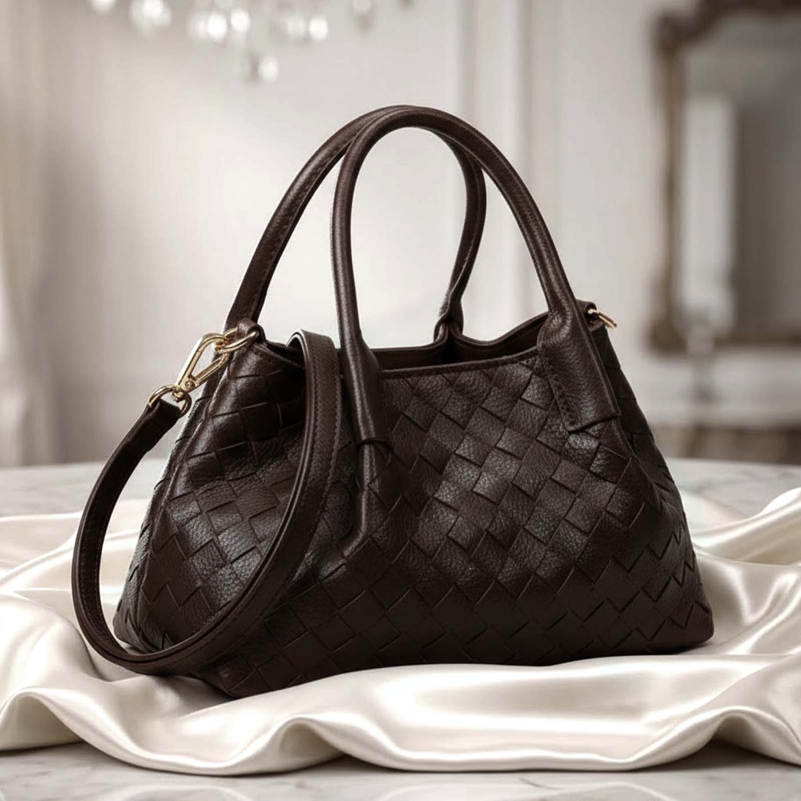 Bolso de cuero tejido marrón oscuro sobre seda blanca.