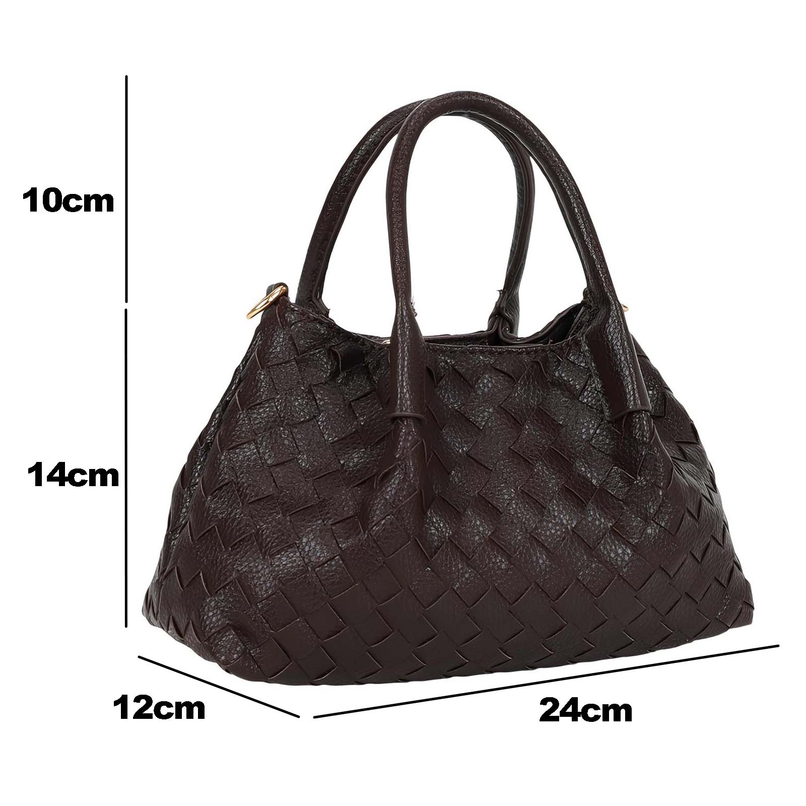 Bolso marrón oscuro tejido con asas, dimensiones (14cm alto, 24cm ancho, 12cm prof).