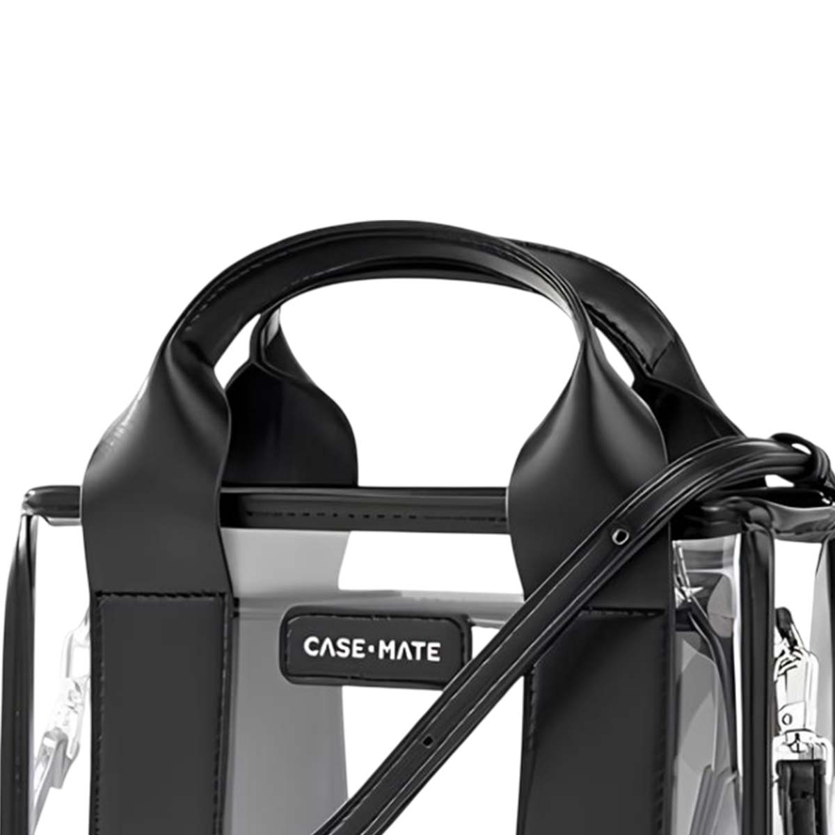 Borsa trasparente con manici in pelle nera e logo.