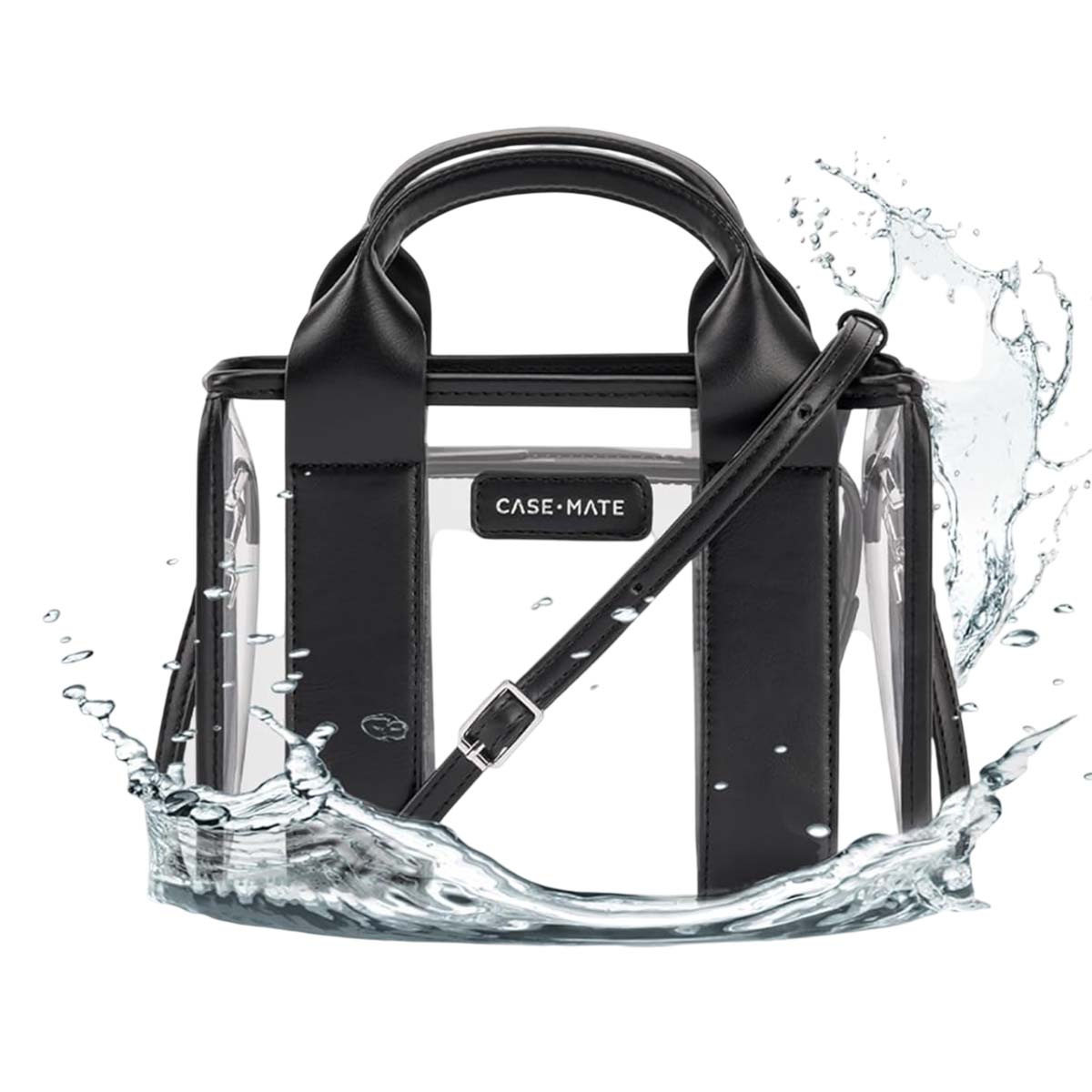 Borsa tote trasparente con finiture e manici neri, schizzata d'acqua.