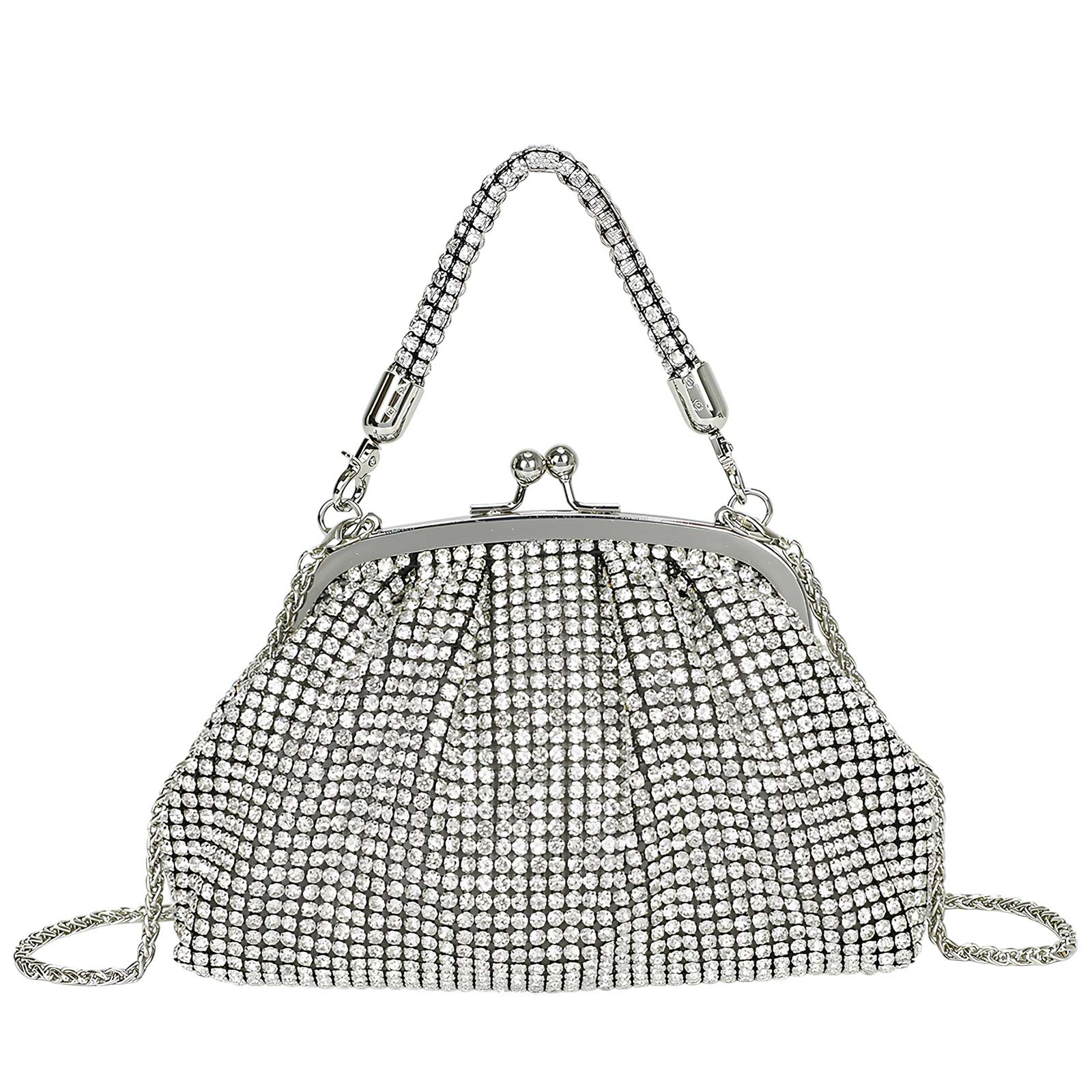 Pochette argento con strass, manico a catena e chiusura a bacio argento.