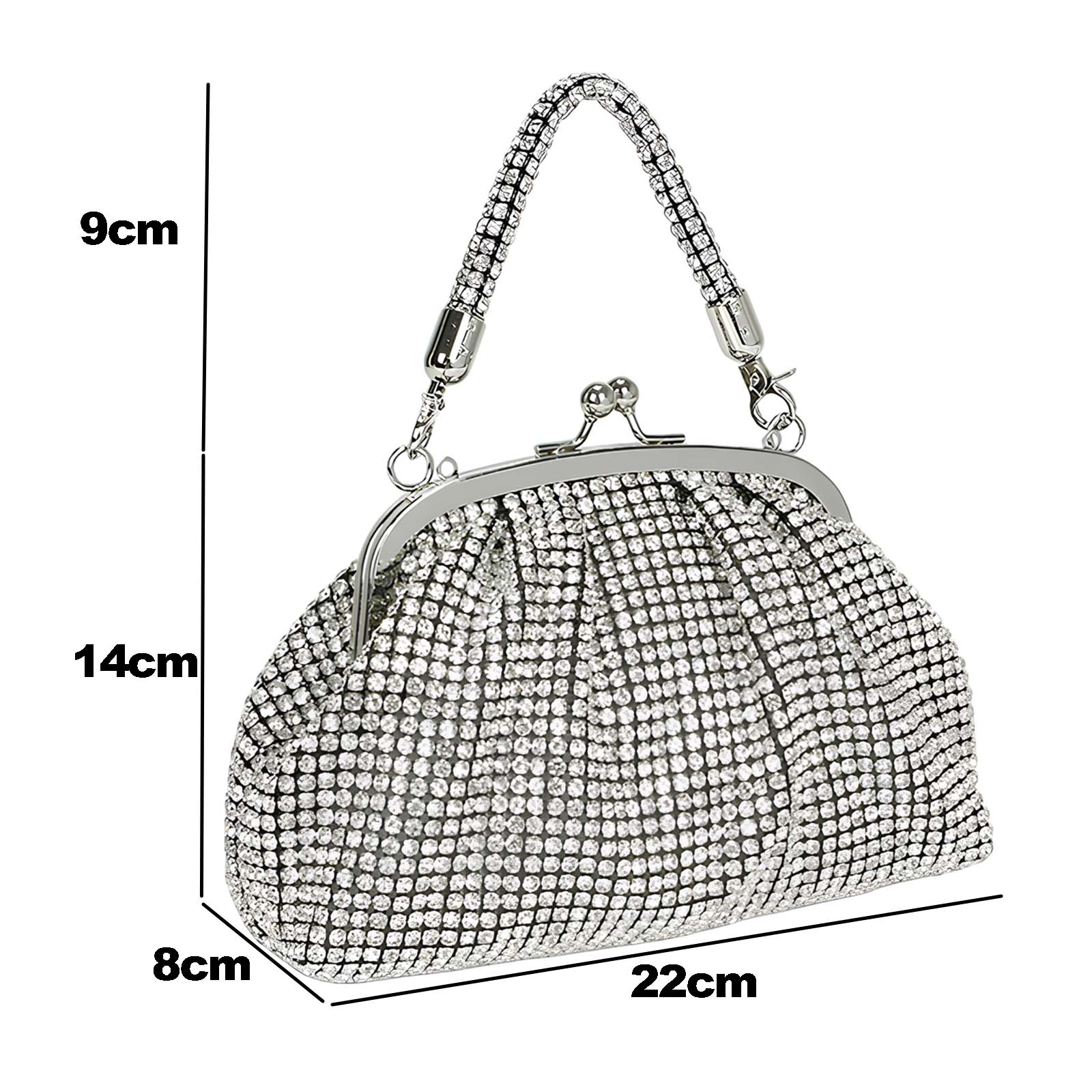 Una pochette argentata con strass, manico e chiusura metallica.
