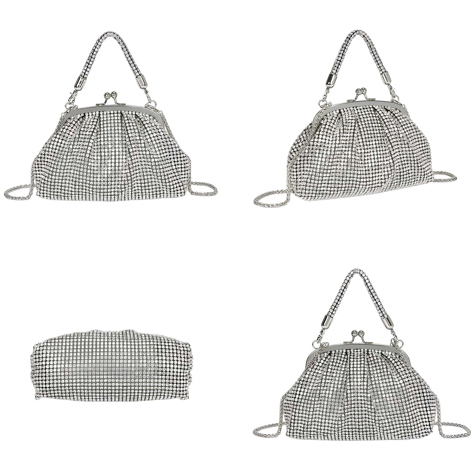 Una pochette argento scintillante con manico e catena.