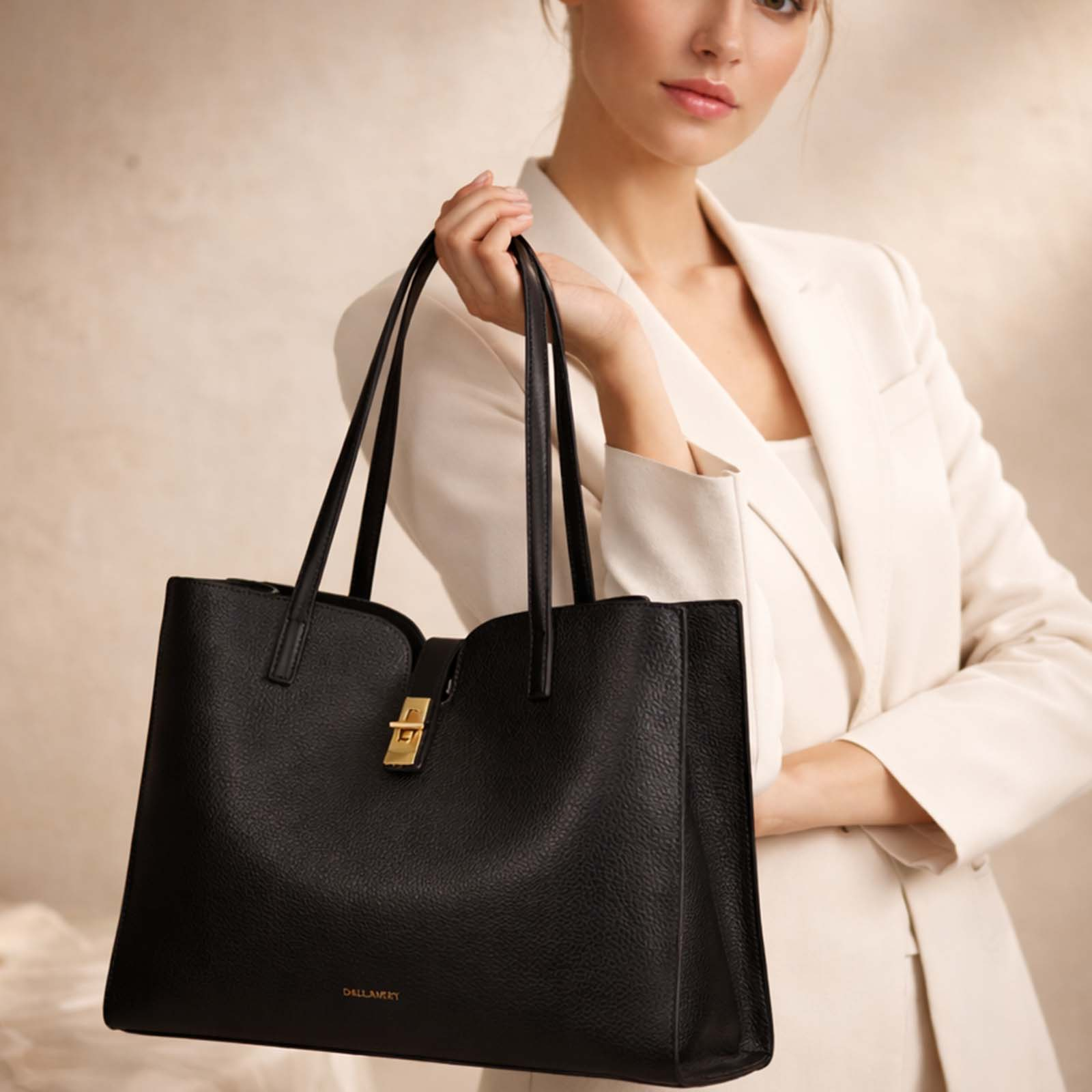 Una mujer con un blazer crema sostiene un bolso negro de cuero con cierre dorado.