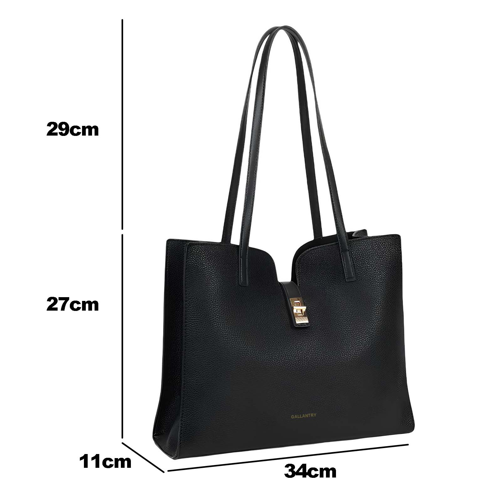 Bolso tote negro de cuero texturizado con herrajes dorados.