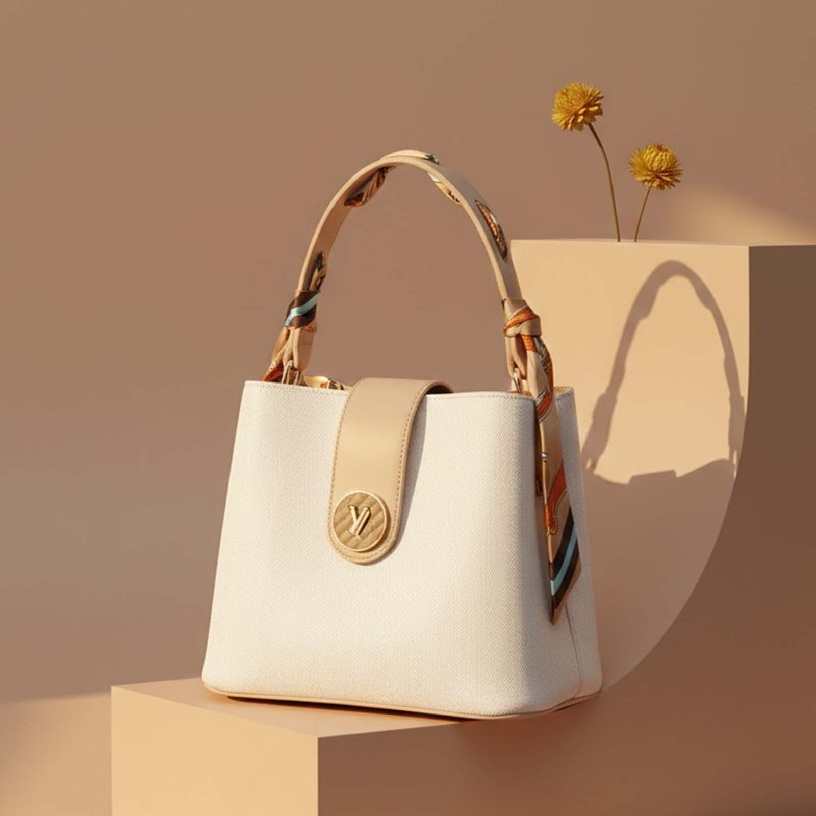 Un bolso blanco con asa beige y pañuelo a rayas se asienta sobre un pedestal.