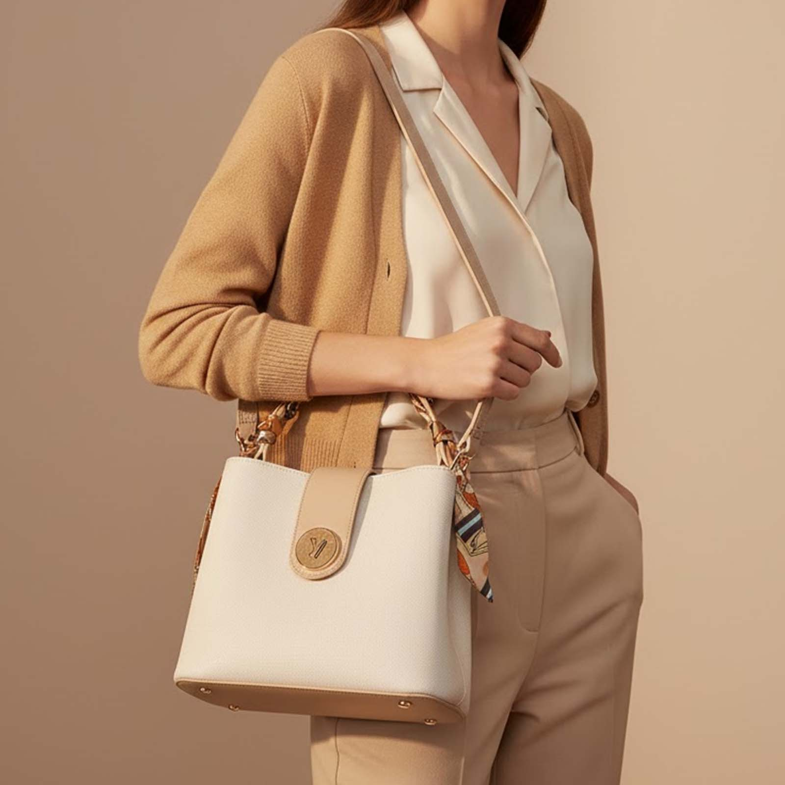Mujer con cárdigan beige y blusa blanca sostiene bolso crema con correa de cuero.