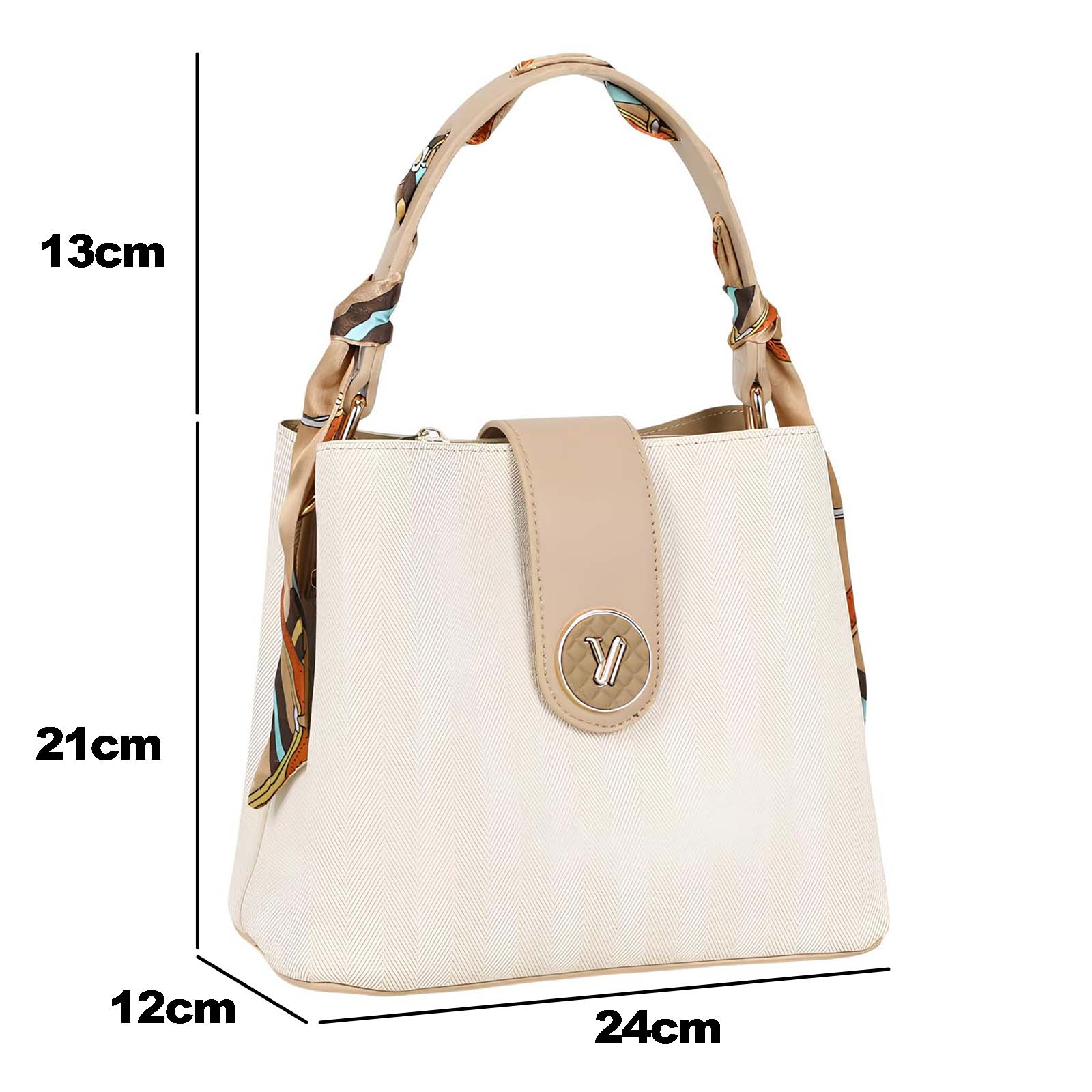 Un bolso blanco con cierre beige y un pañuelo estampado.