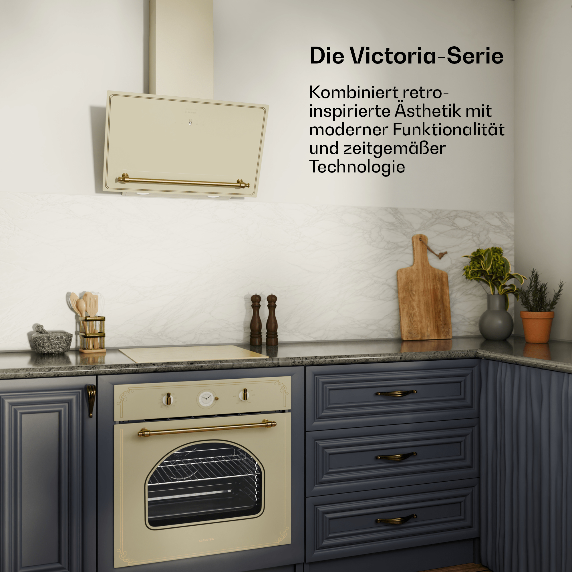 Ein cremefarbener Retro-Ofen mit goldener Ablage unter einer Dunstabzugshaube.