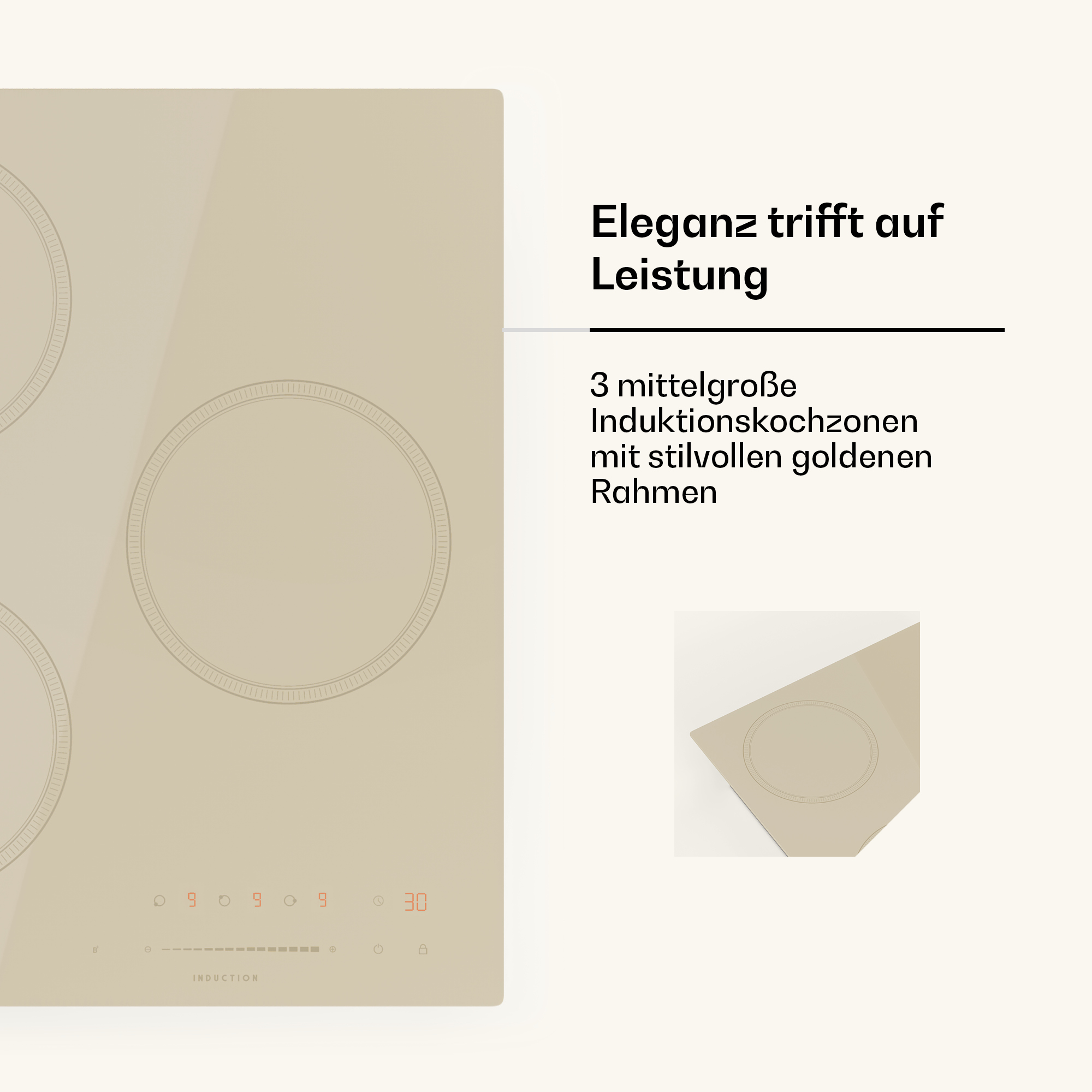 Beige Induktionskochfeld mit 3 Kochzonen und digitalen Bedienelementen.
