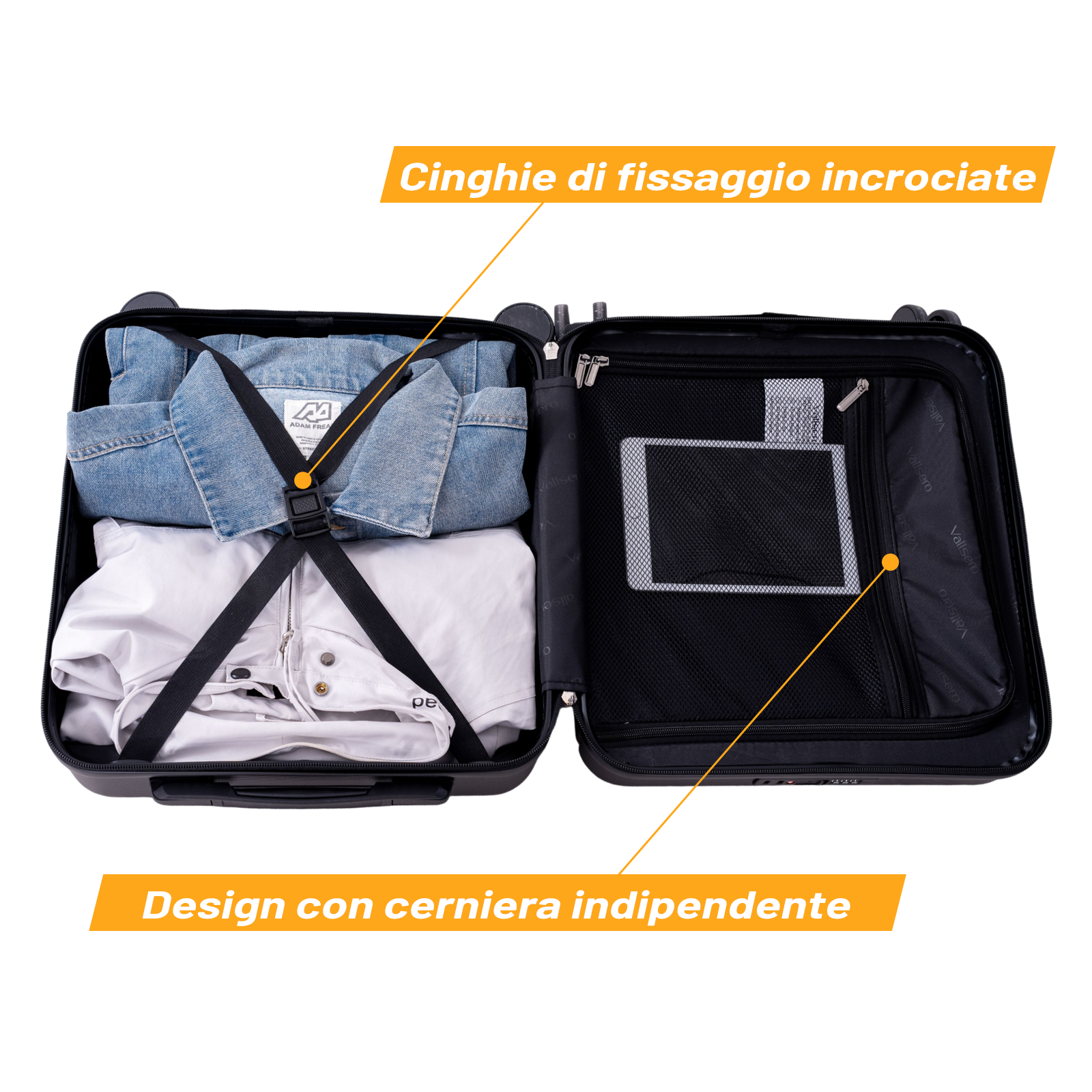 Una valigia aperta con vestiti e scomparto per tablet.