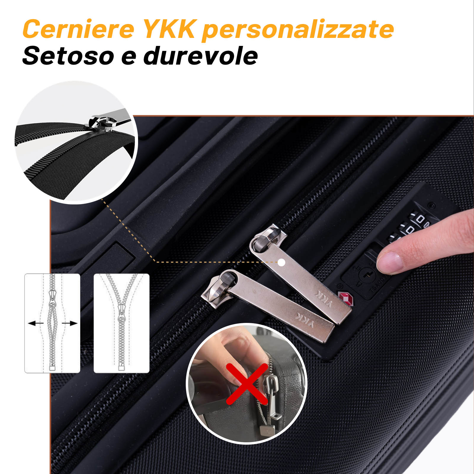 Primo piano di una valigia nera con cerniere YKK e lucchetto TSA.