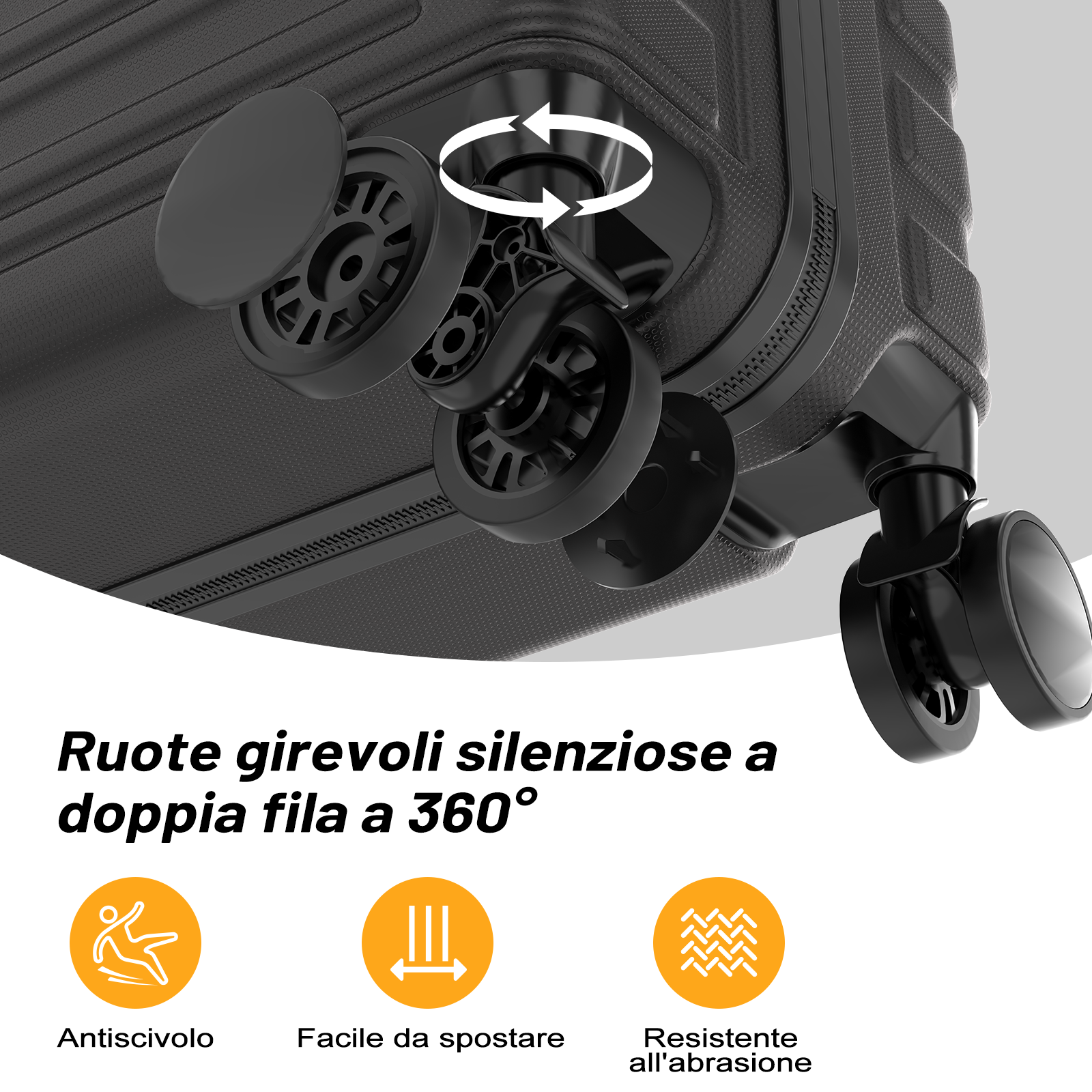 Valigia nera con ruote doppie piroettanti a 360° e icone antiscivolo.
