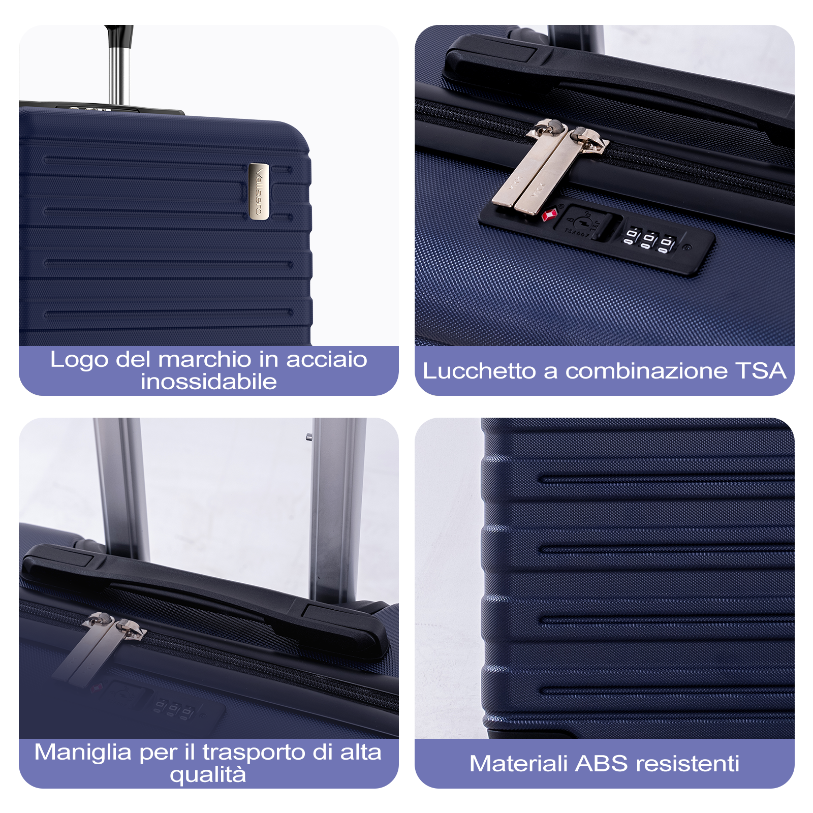 Valigia blu scuro con logo in acciaio, lucchetto TSA e maniglia. Materiale ABS.