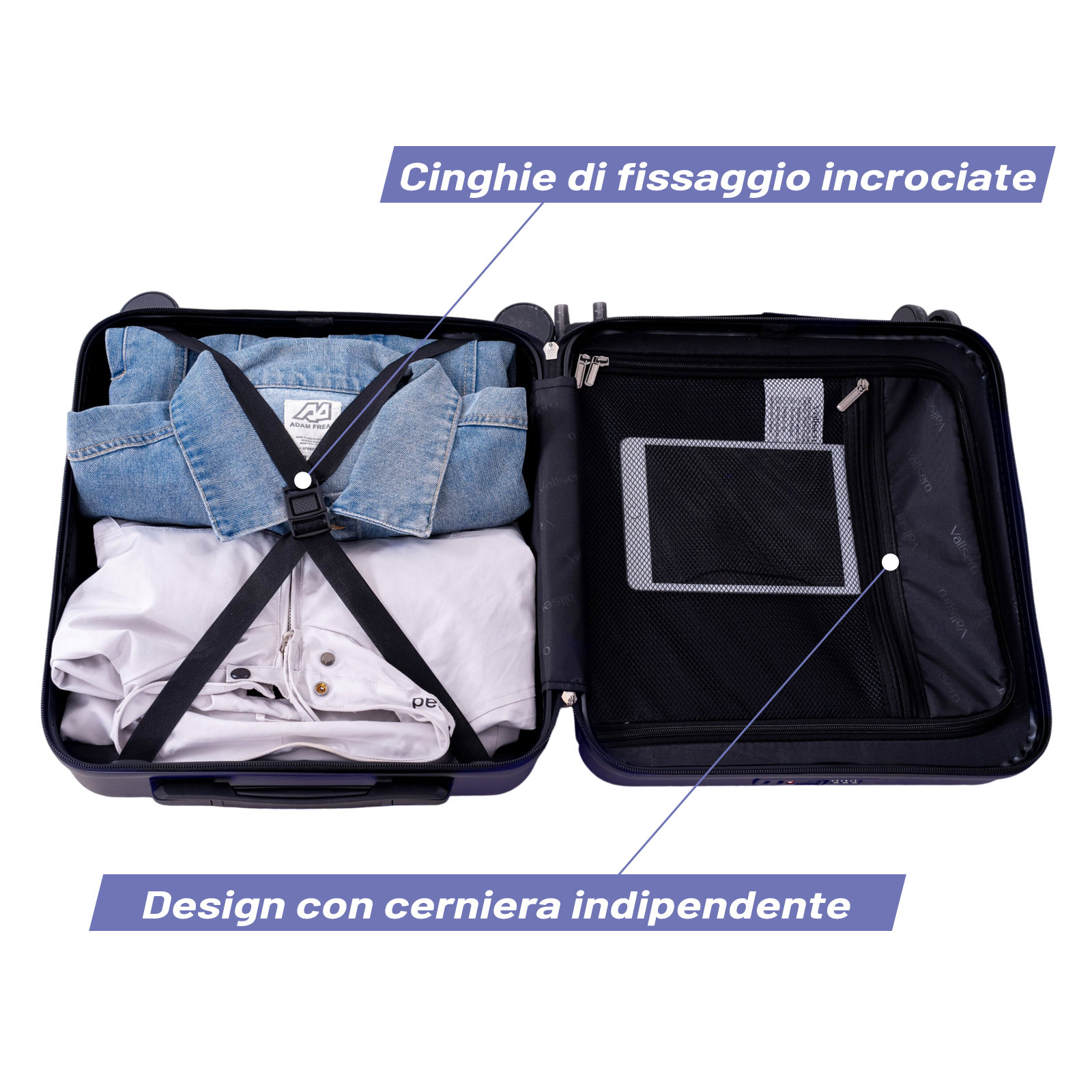 Una valigia blu scuro aperta con vestiti e un tablet all'interno.