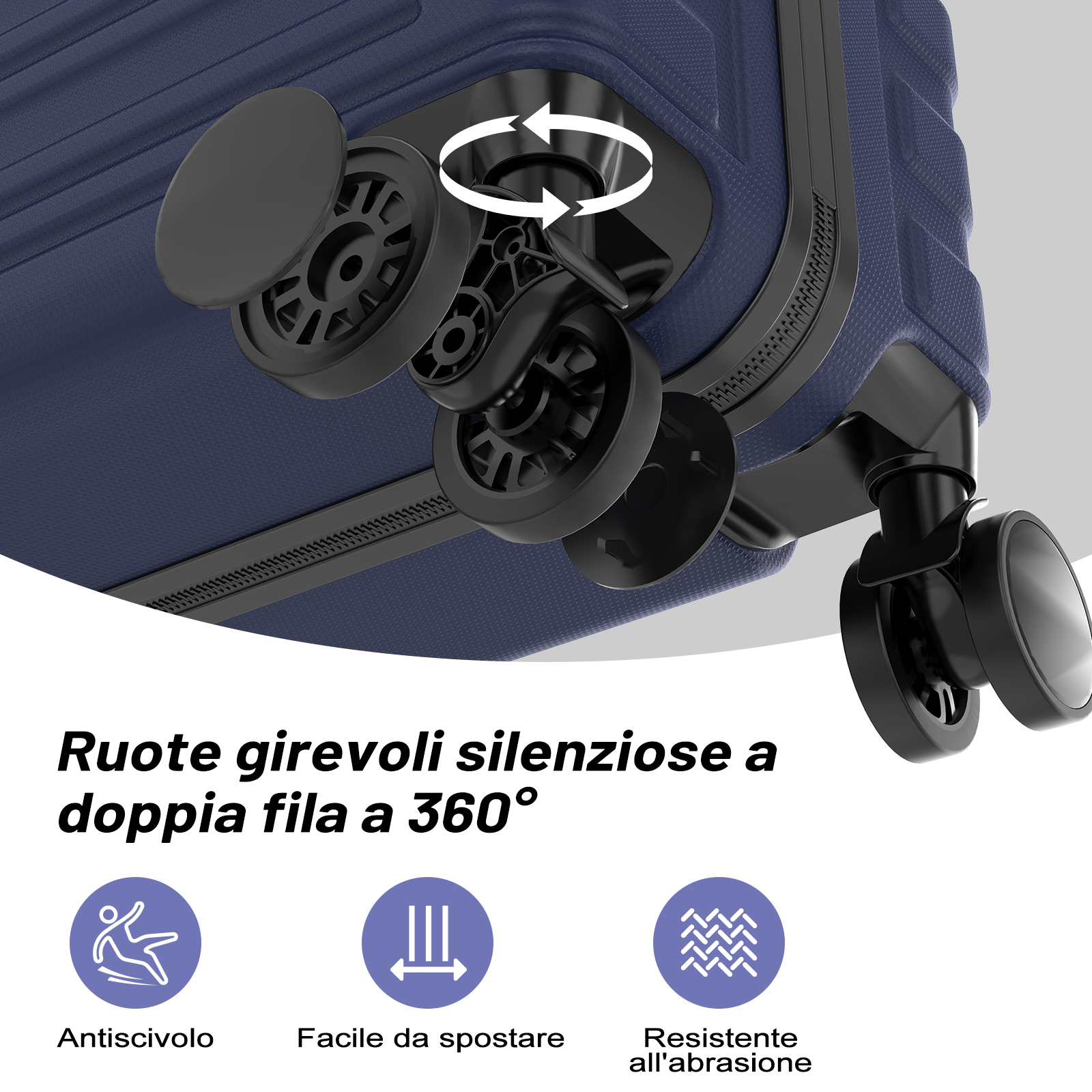 Valigia blu scuro con quattro ruote piroettanti a 360 gradi per un movimento fluido.