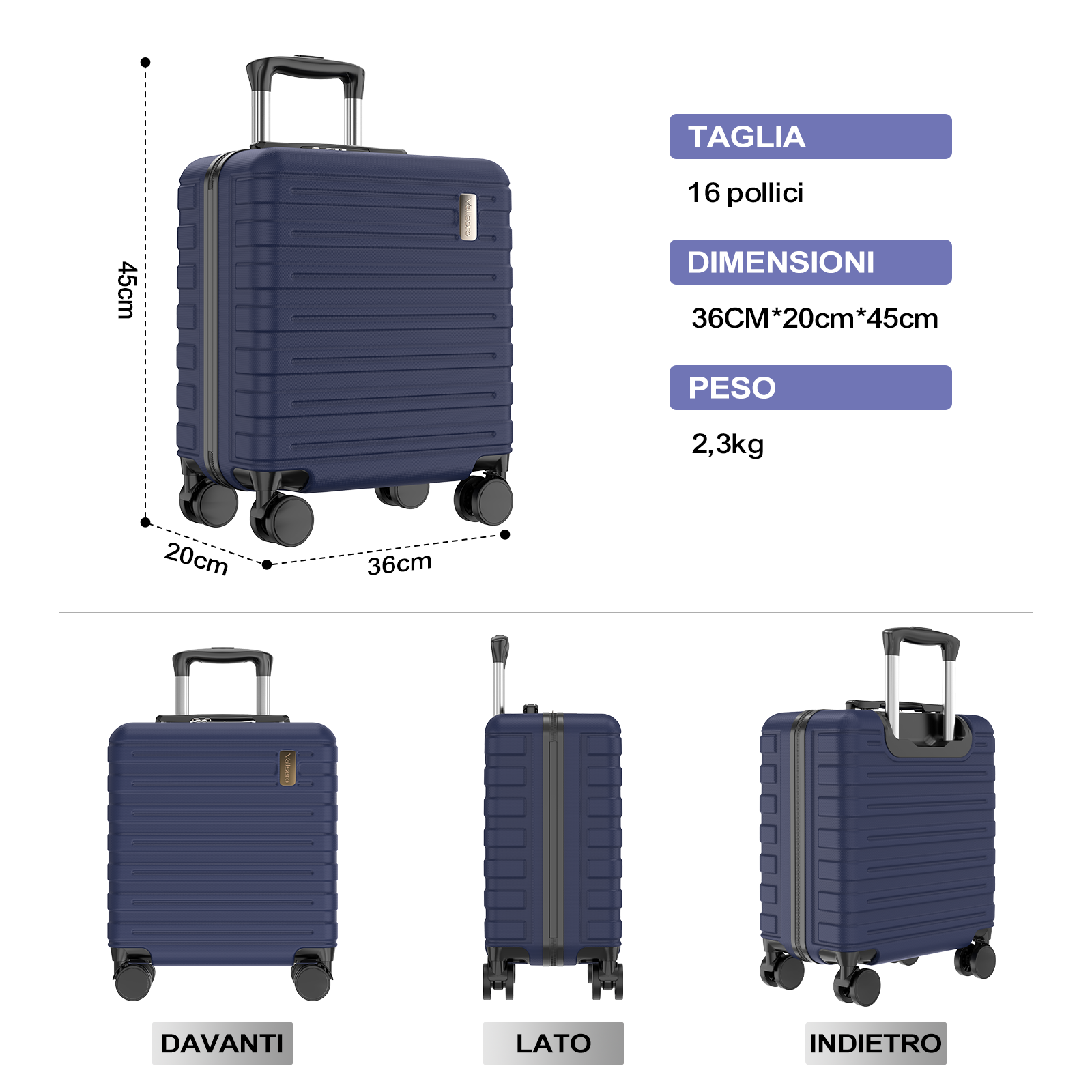Valigia blu scuro con ruote, dimensioni 36x20x45cm, peso 2,3kg.