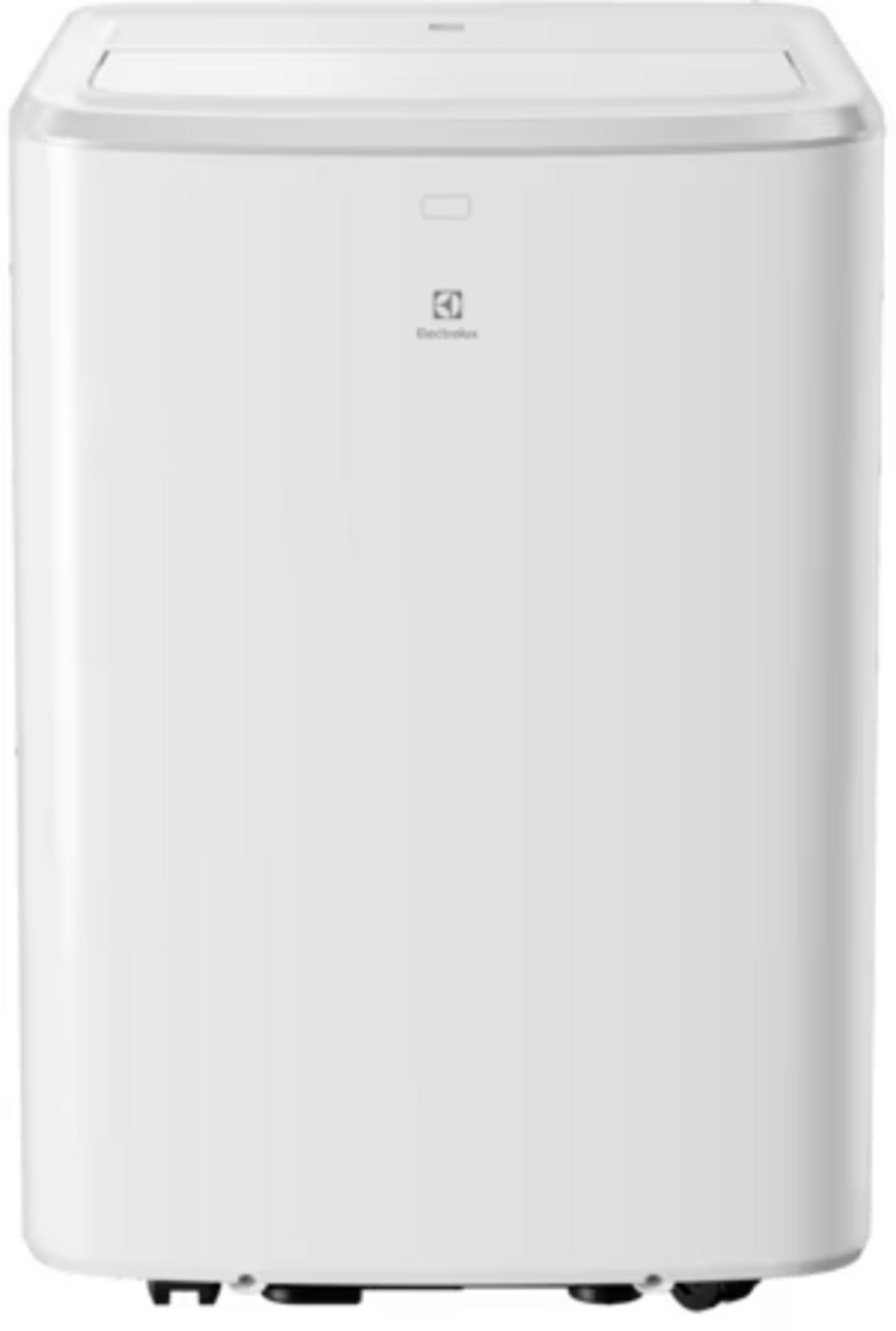 Ein weißer tragbarer Electrolux-Klimaanlage mit rechteckiger Form und schwarzen Rädern.