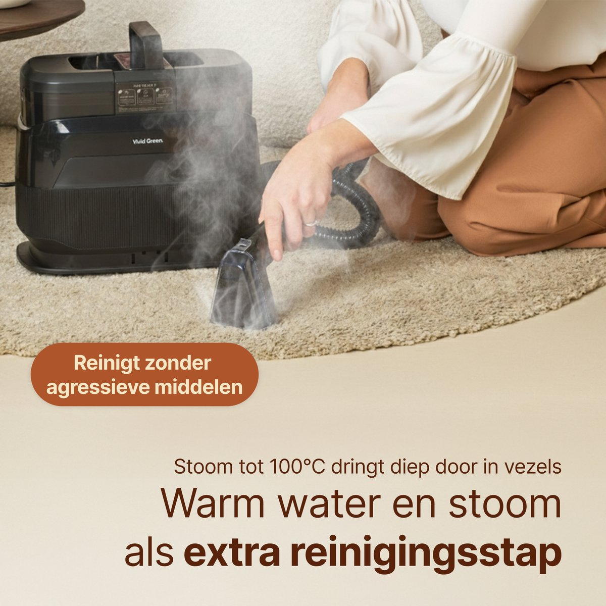 Personne nettoyant un tapis avec un nettoyeur vapeur. Sans produits agressifs.