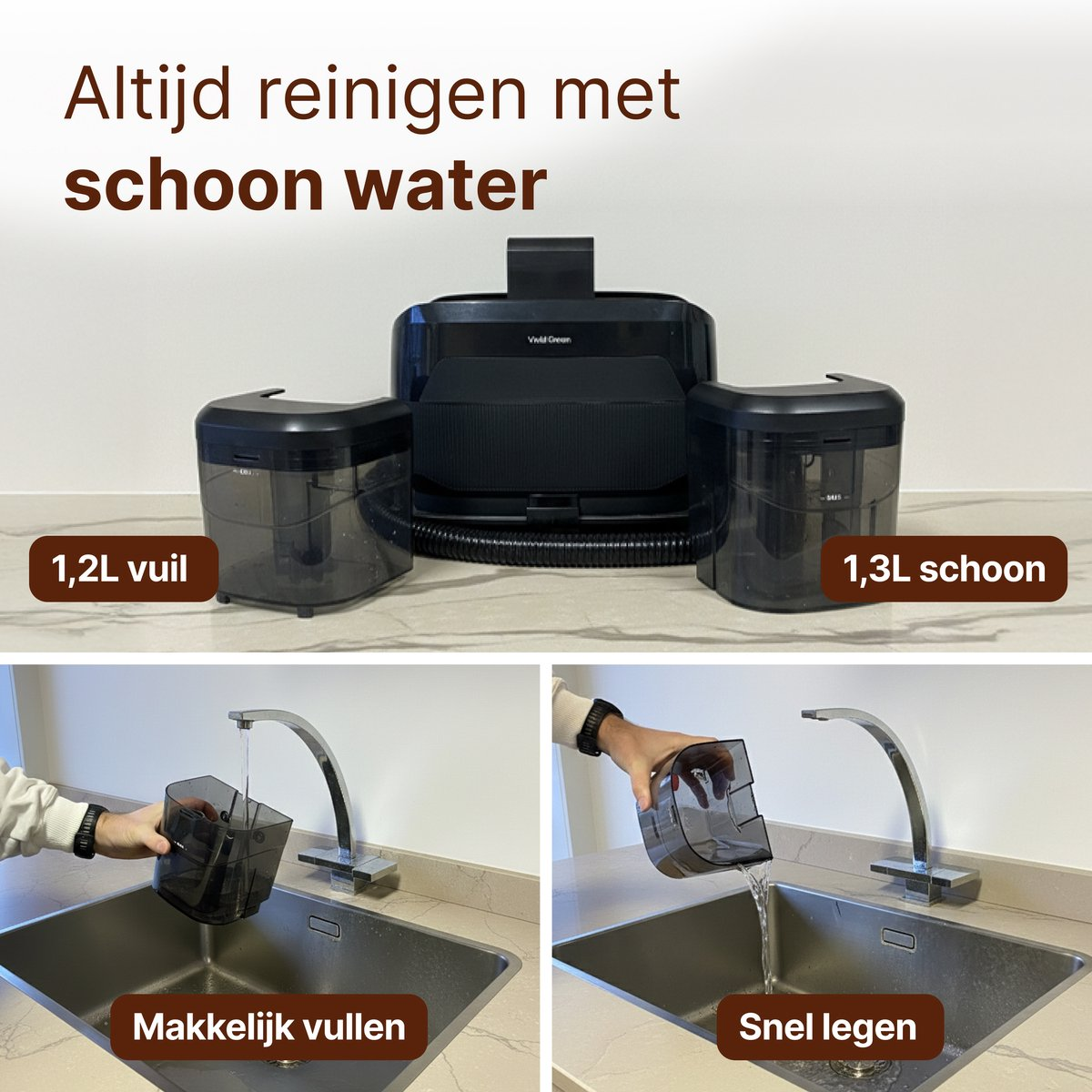 Un nettoyeur noir avec deux réservoirs, un pour la saleté et un pour l'eau propre.