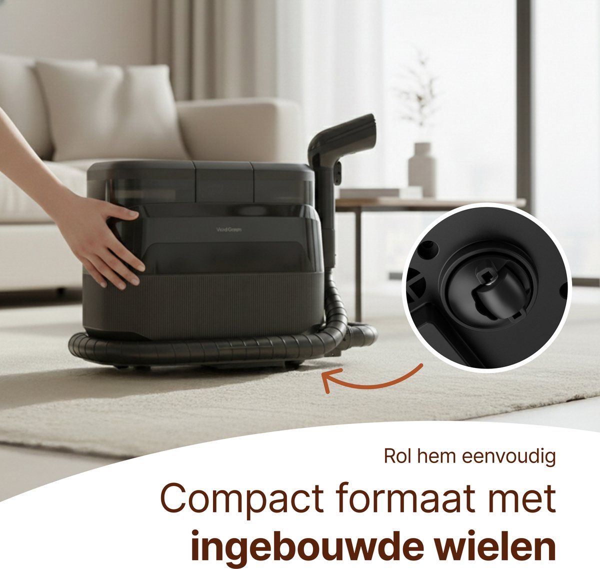 Un aspirateur noir avec roues et tuyau repose sur un tapis.