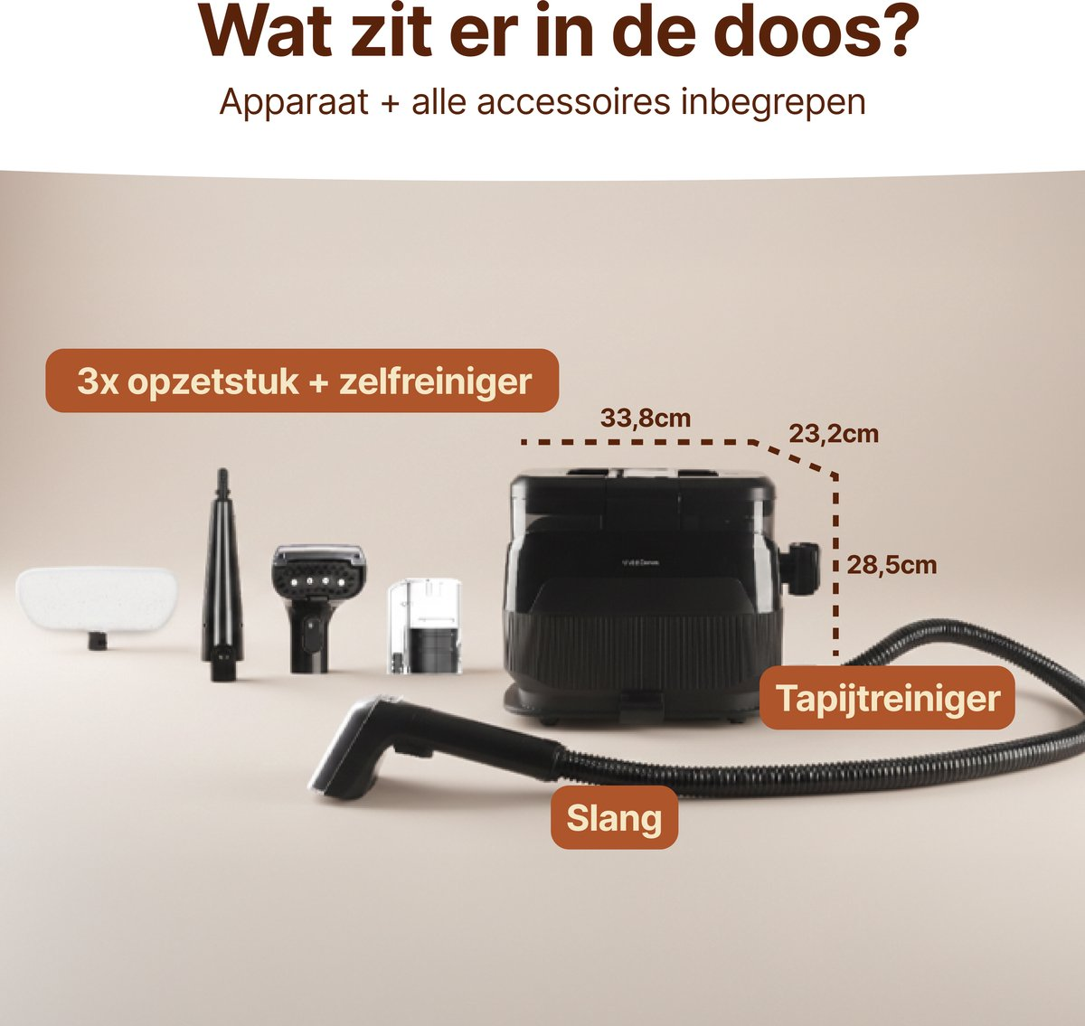 Appliance with accessories: brush, nozzle, container, carpet cleaner, hose.
