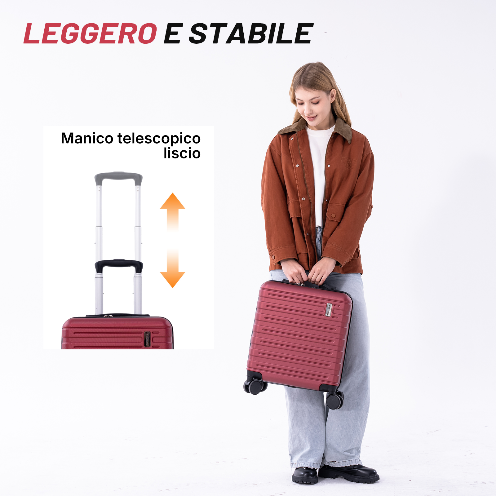 Una donna tiene una valigia rossa. Viene mostrato un dettaglio del manico telescopico.