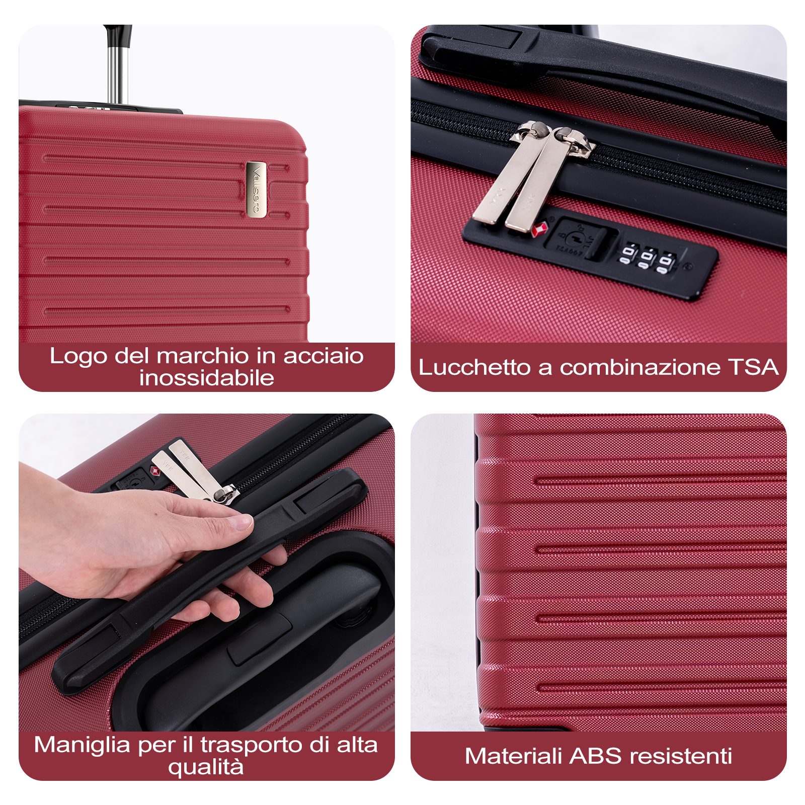 Dettagli valigia rossa: logo, lucchetto TSA, maniglia, materiale ABS.