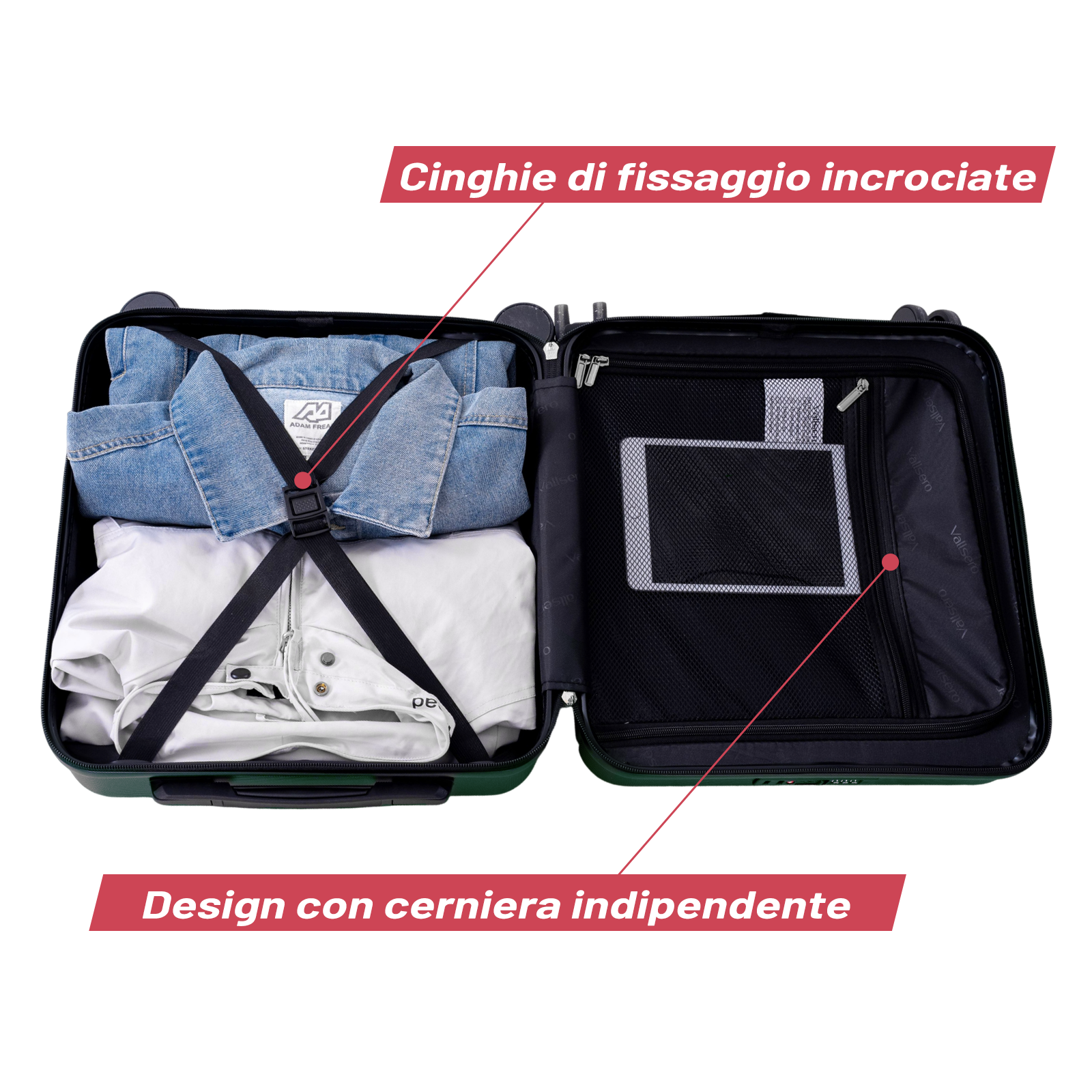 Valigia verde aperta con vestiti e un tablet in un compartimento.