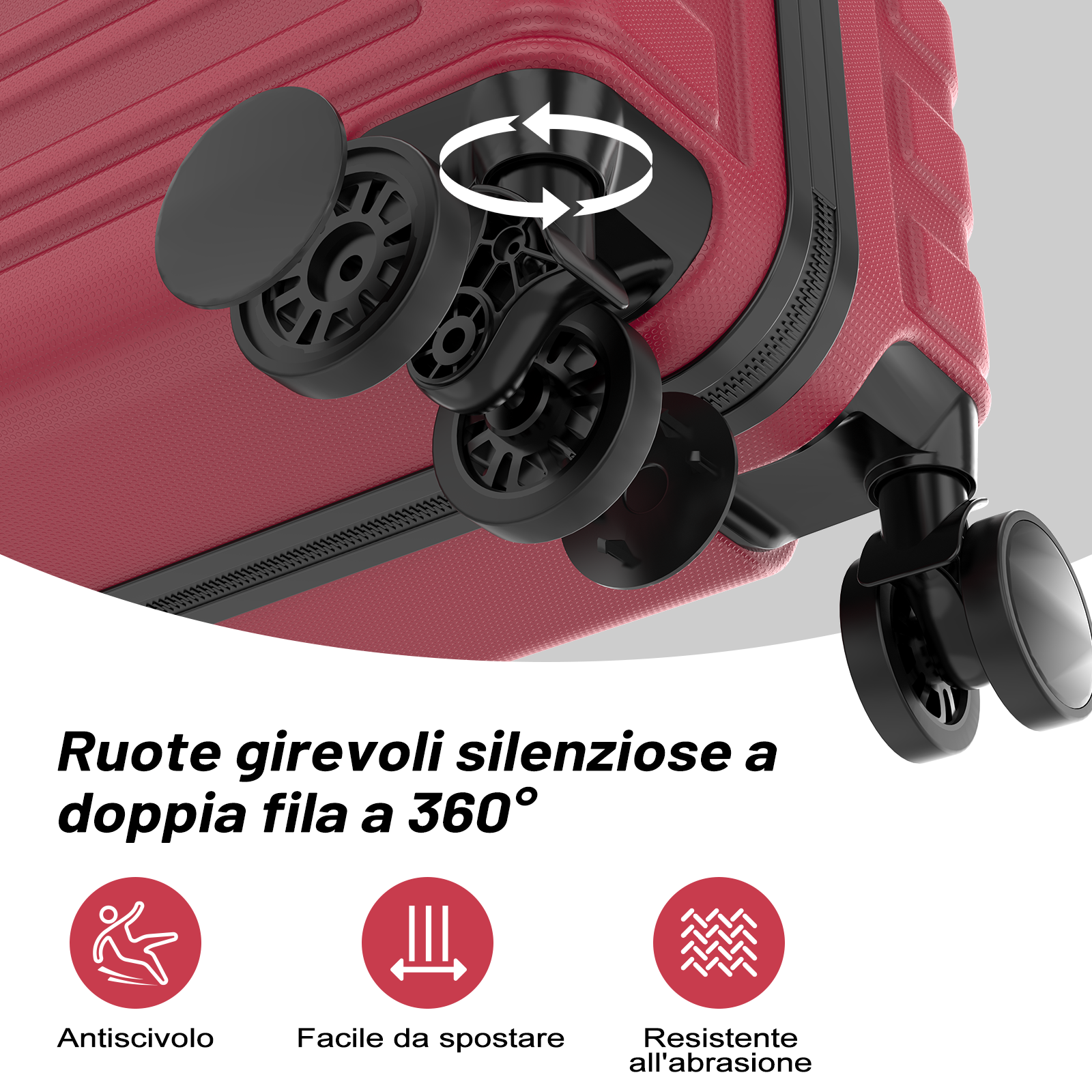 Valigia rossa con doppie ruote girevoli a 360° e icone antiscivolo, facile, resistente.
