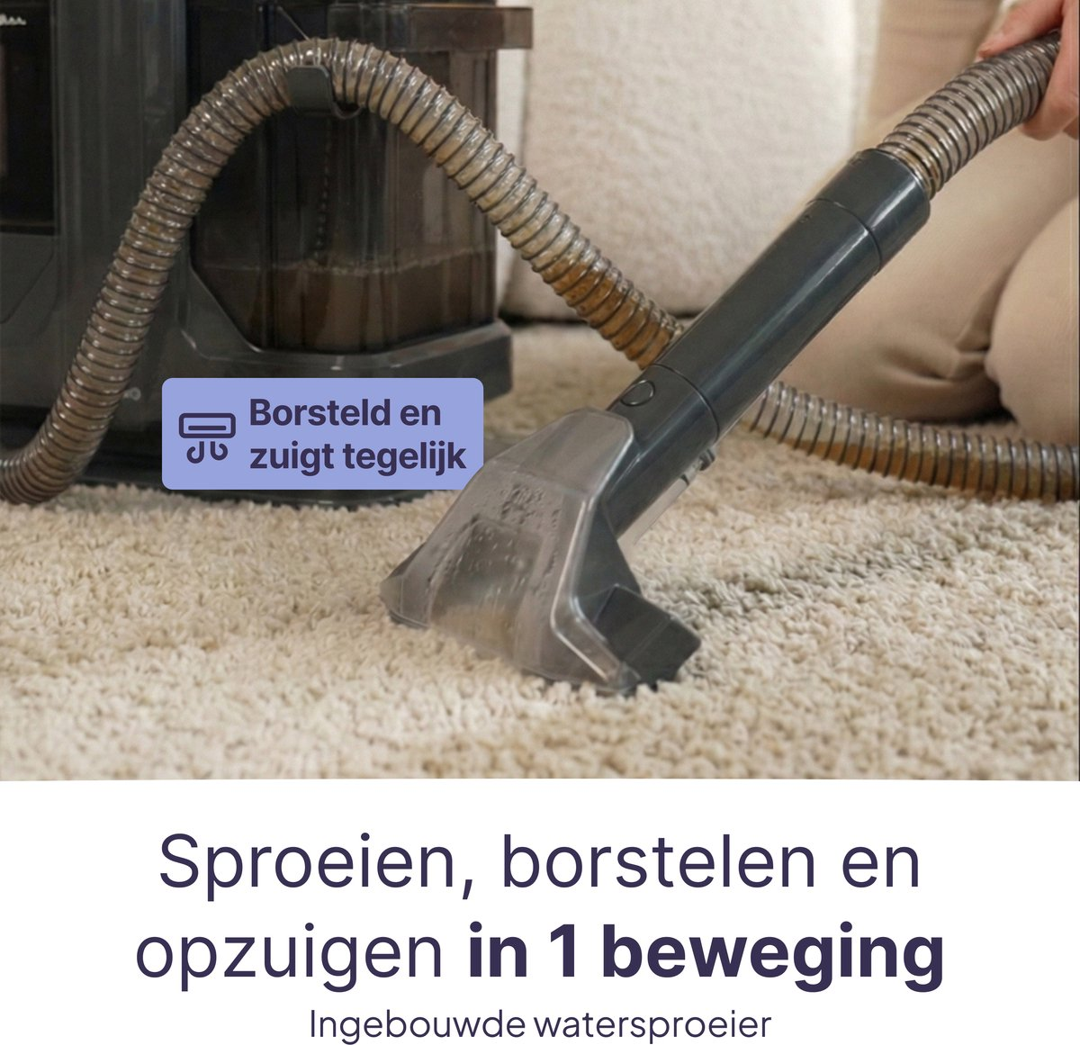 A vacuum cleaner with a brush and nozzle cleans a light carpet.