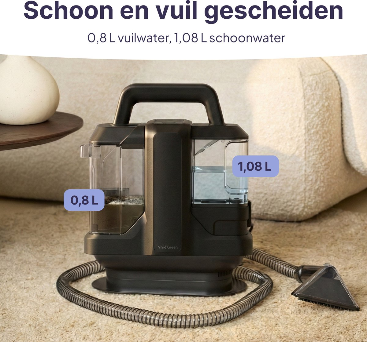 A black cleaner with two tanks, 0.8 L dirty water, 1.08 L clean water.