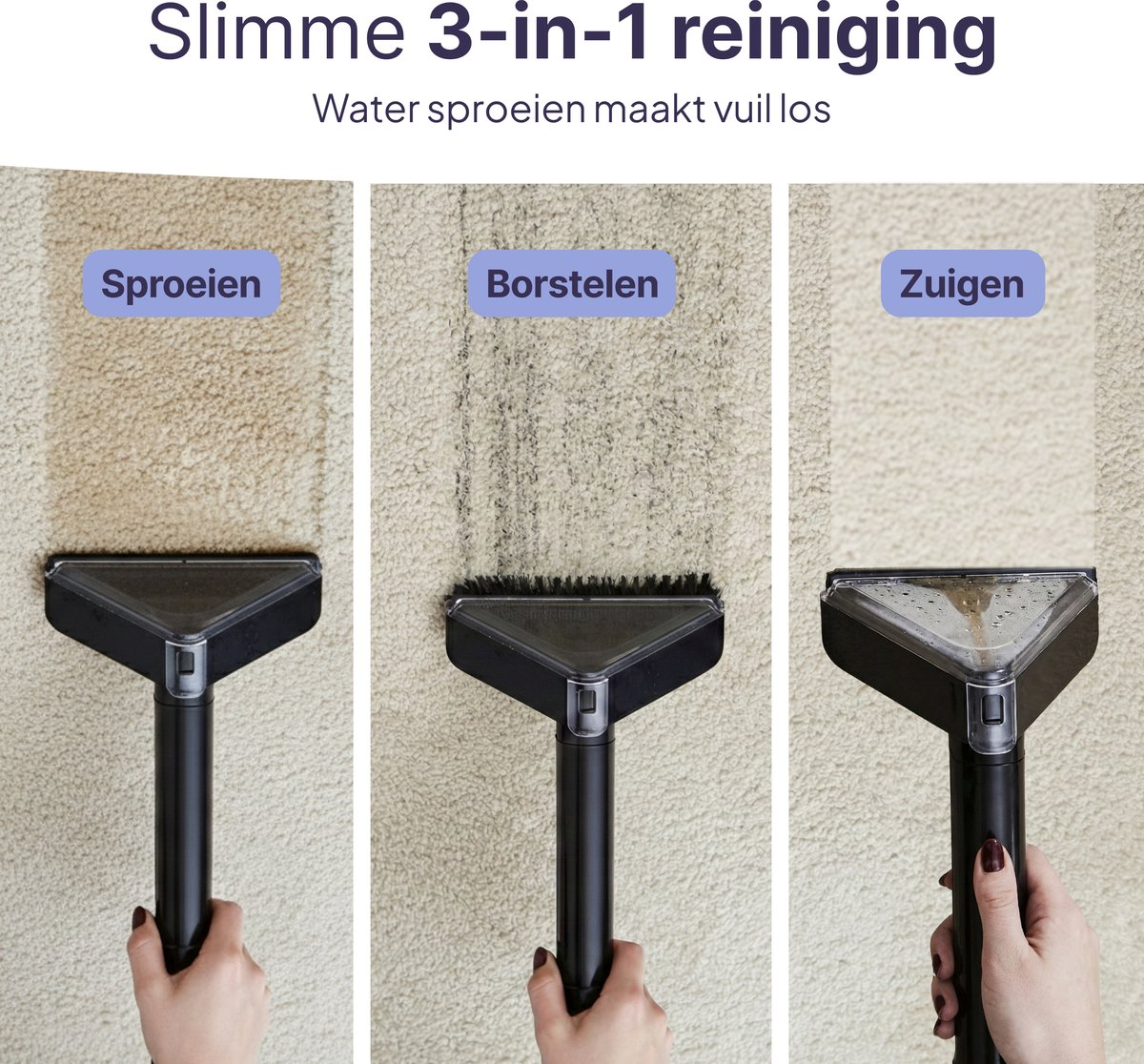 Drie stappen: Spuiten, Borstelen, Zuigen van een tapijt voor reiniging.